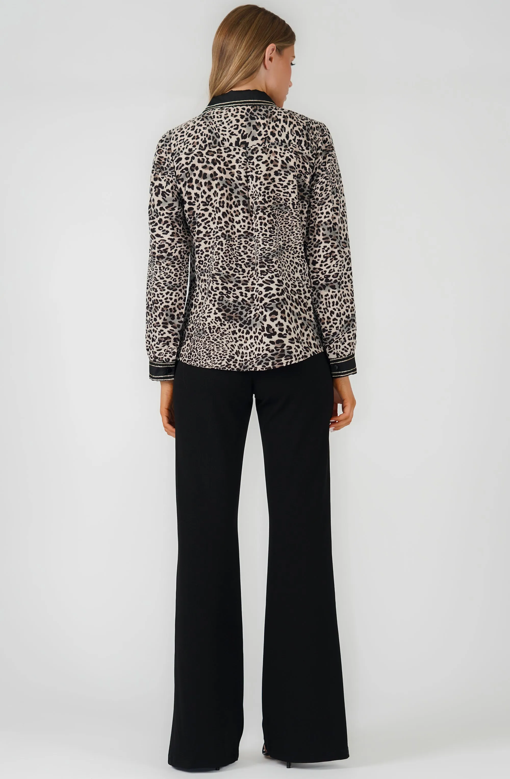 Leopard Long Sleeve Blouse with Contrast Trim