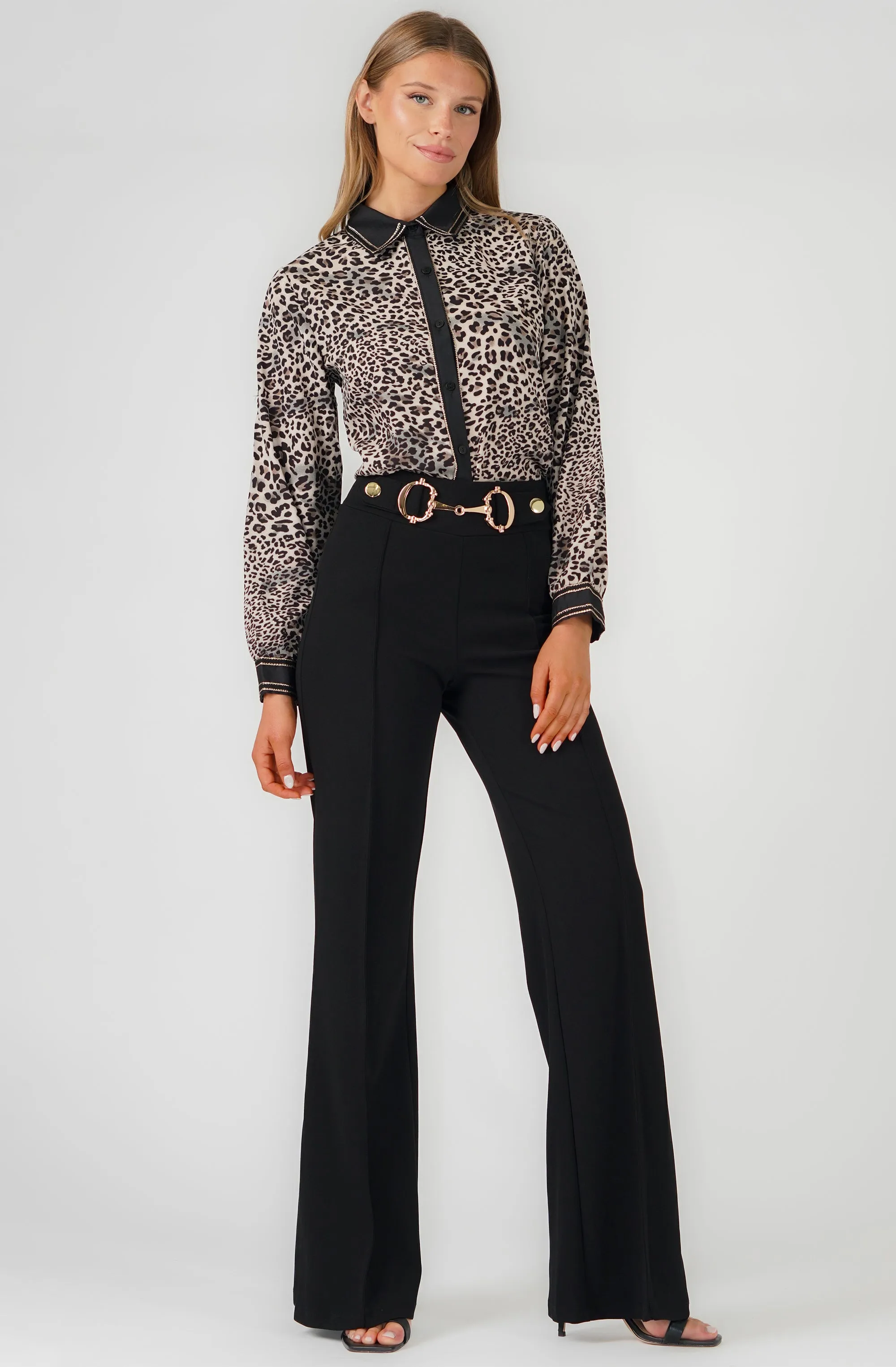 Leopard Long Sleeve Blouse with Contrast Trim