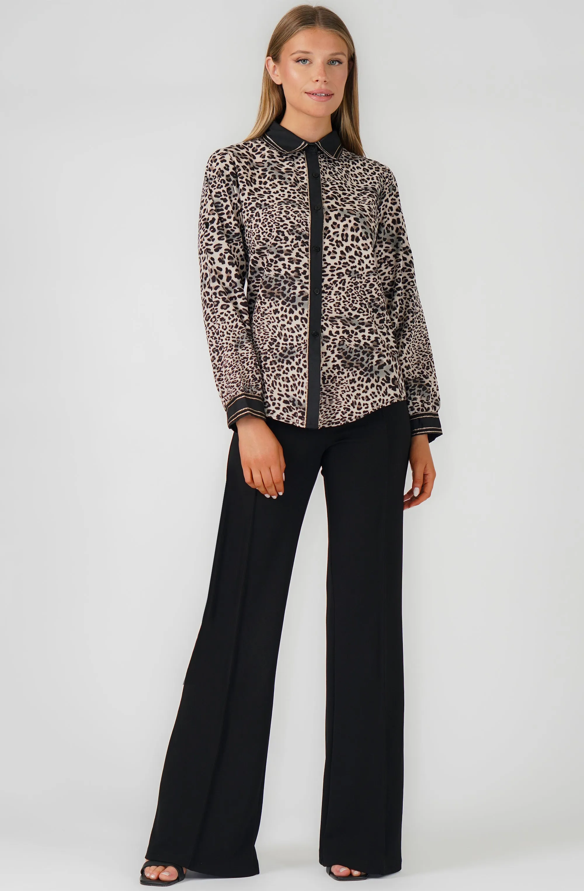 Leopard Long Sleeve Blouse with Contrast Trim