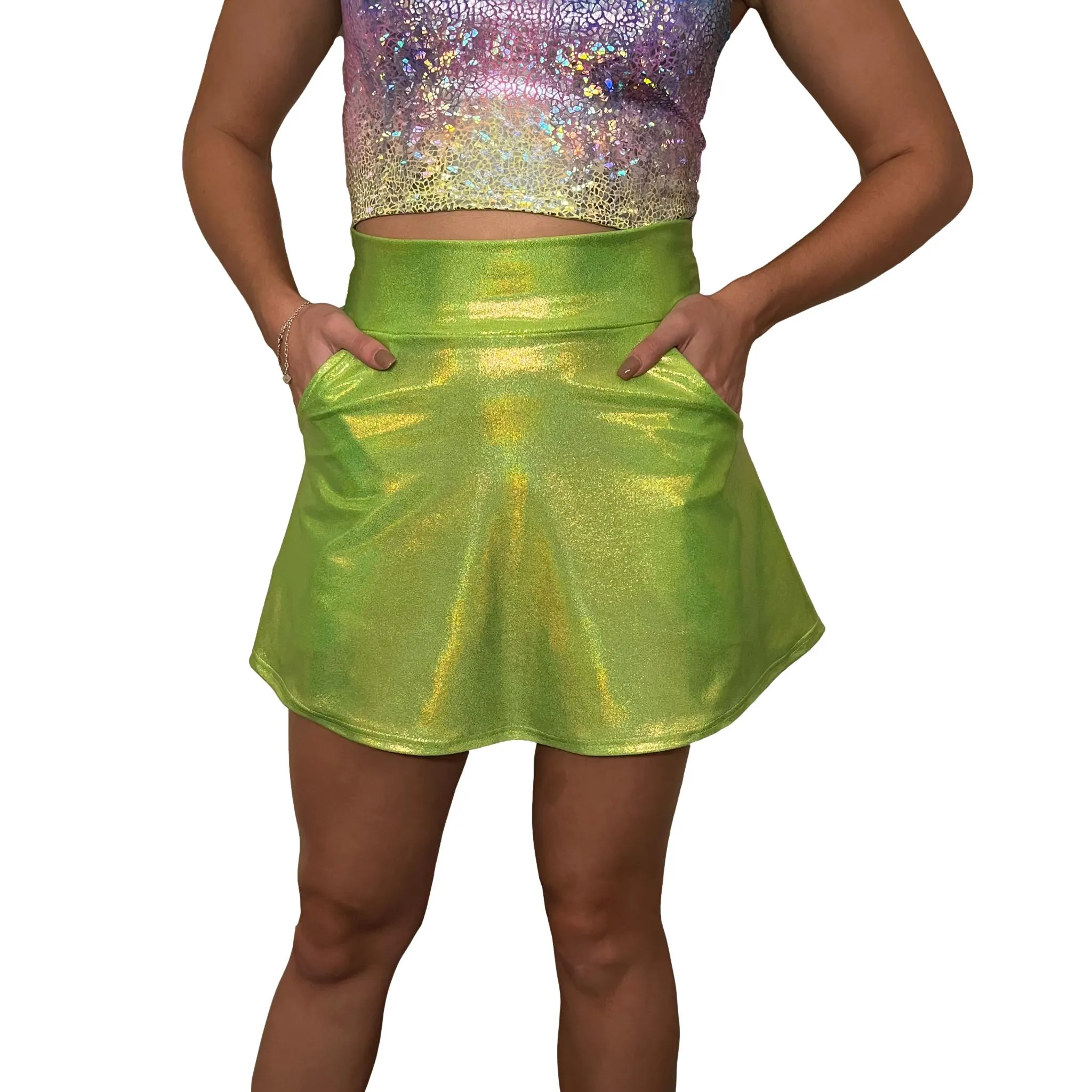 Lime Green Holographic A-line Skirt w/Optional Pockets