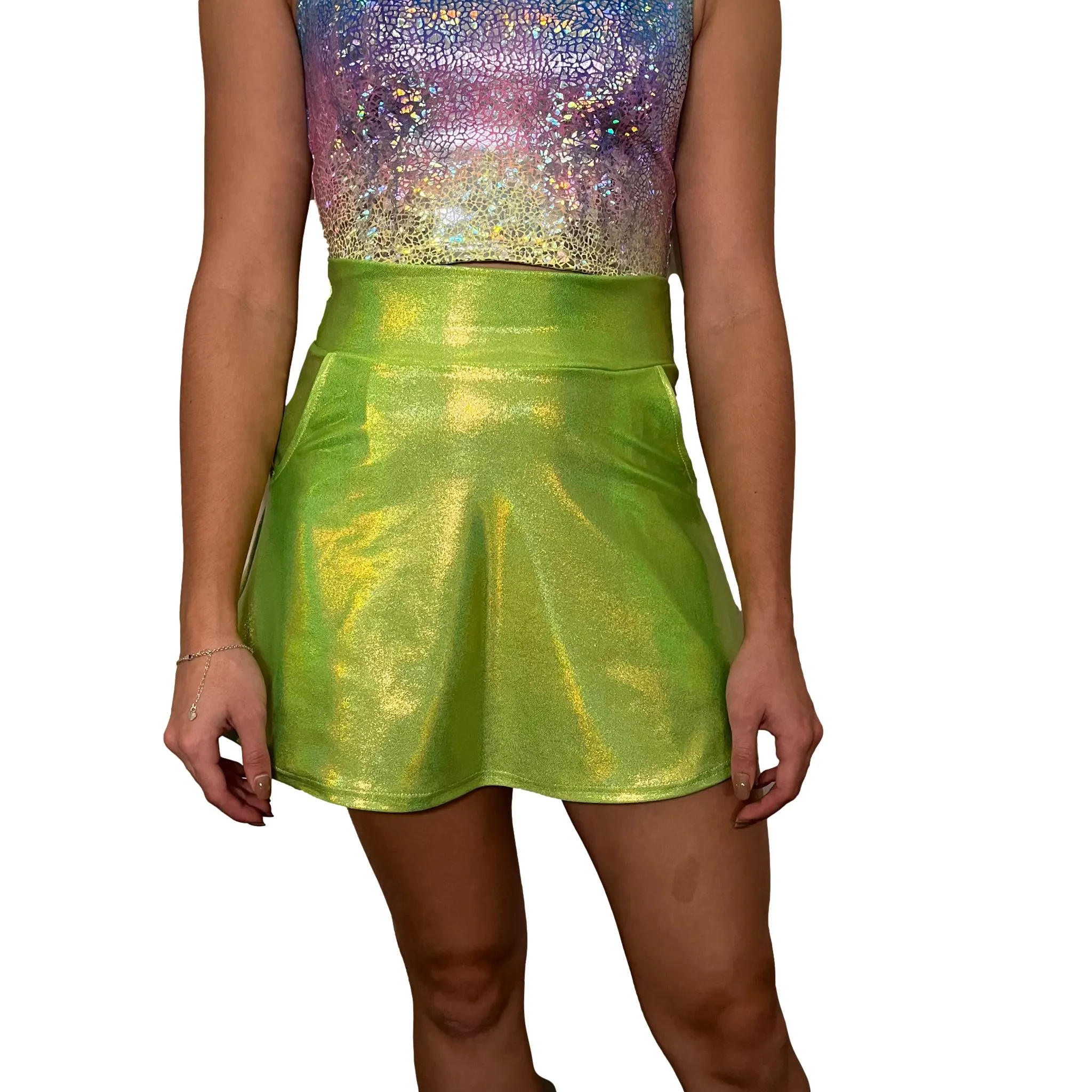 Lime Green Holographic A-line Skirt w/Optional Pockets