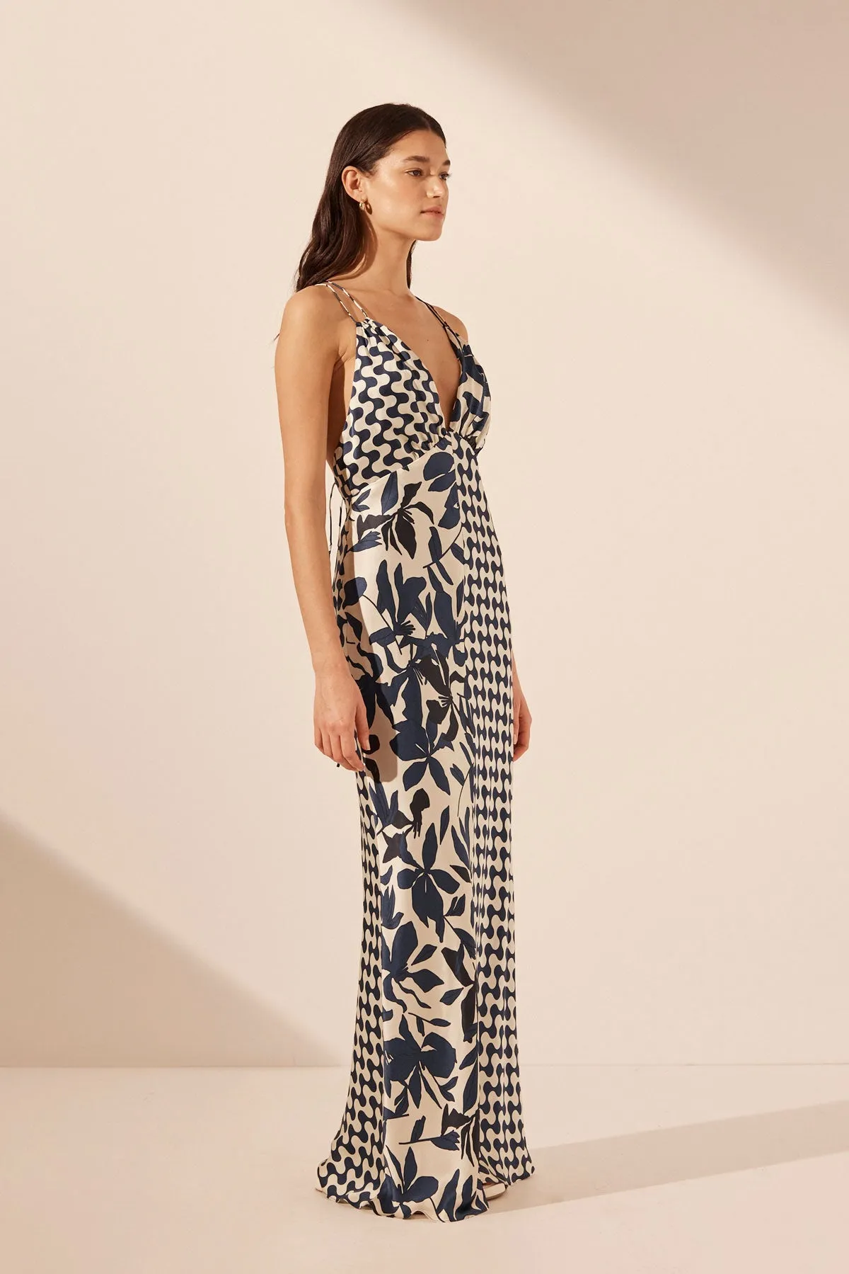 MAGNOLIA SILK CONTRAST PLUNGED DOUBLE STRAP MAXI DRESS