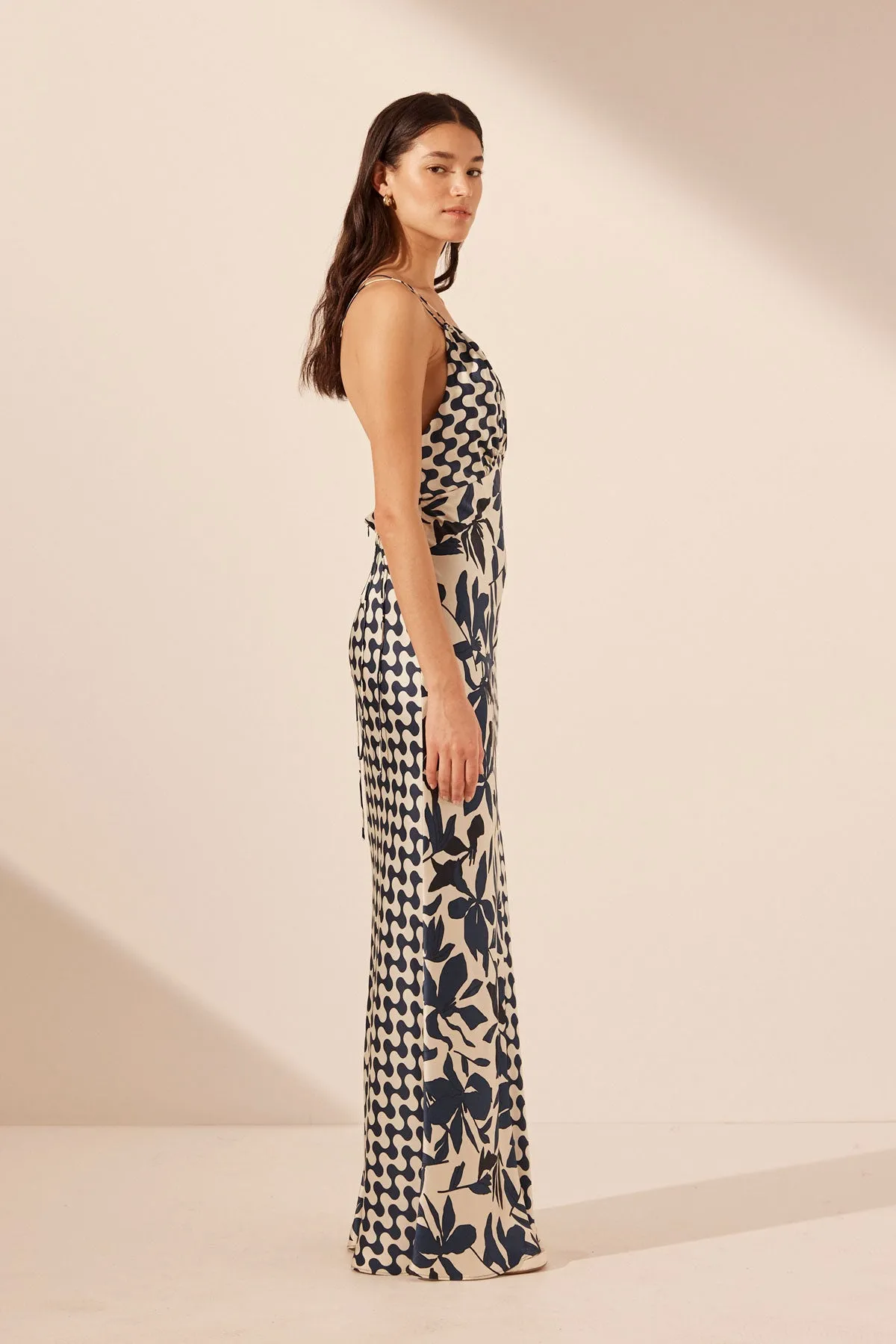 MAGNOLIA SILK CONTRAST PLUNGED DOUBLE STRAP MAXI DRESS