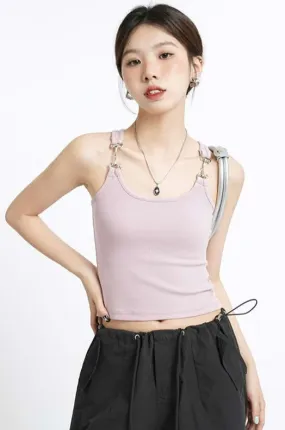 Metal Buckle Strap Ribbed Crop Top