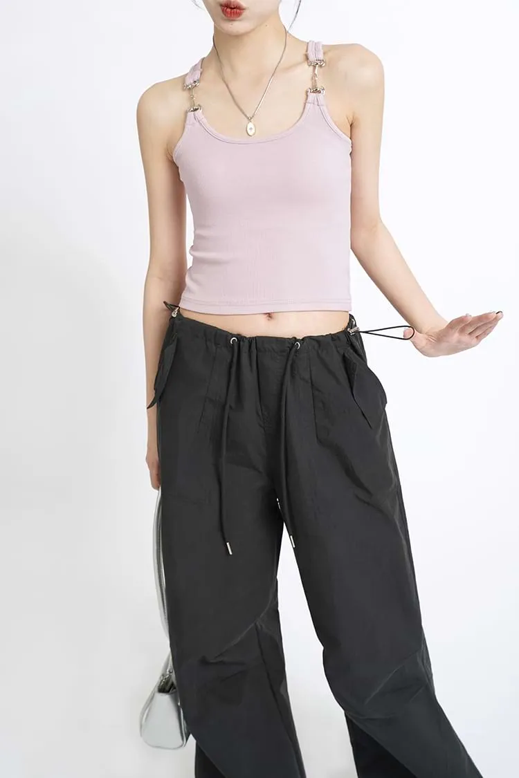 Metal Buckle Strap Ribbed Crop Top