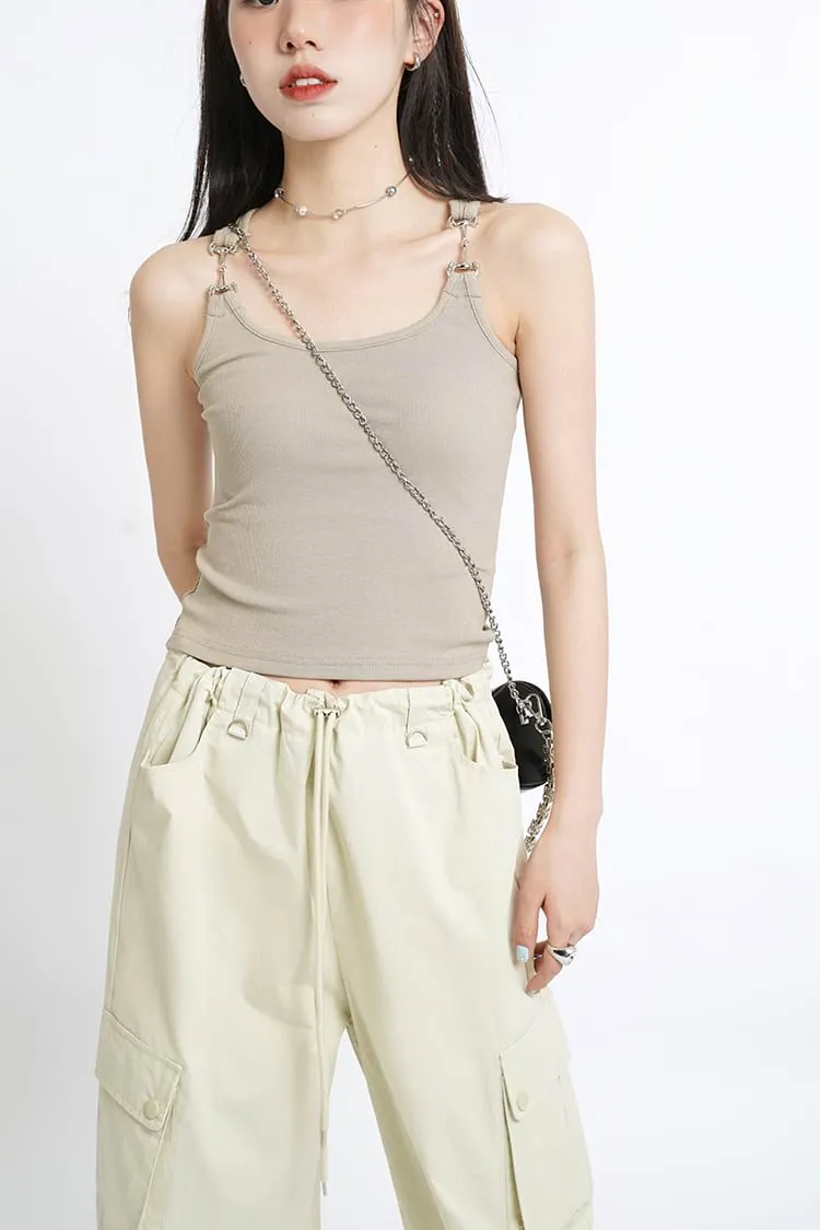 Metal Buckle Strap Ribbed Crop Top