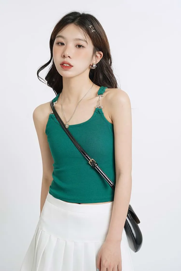 Metal Buckle Strap Ribbed Crop Top