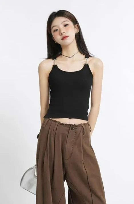 Metal Buckle Strap Ribbed Crop Top