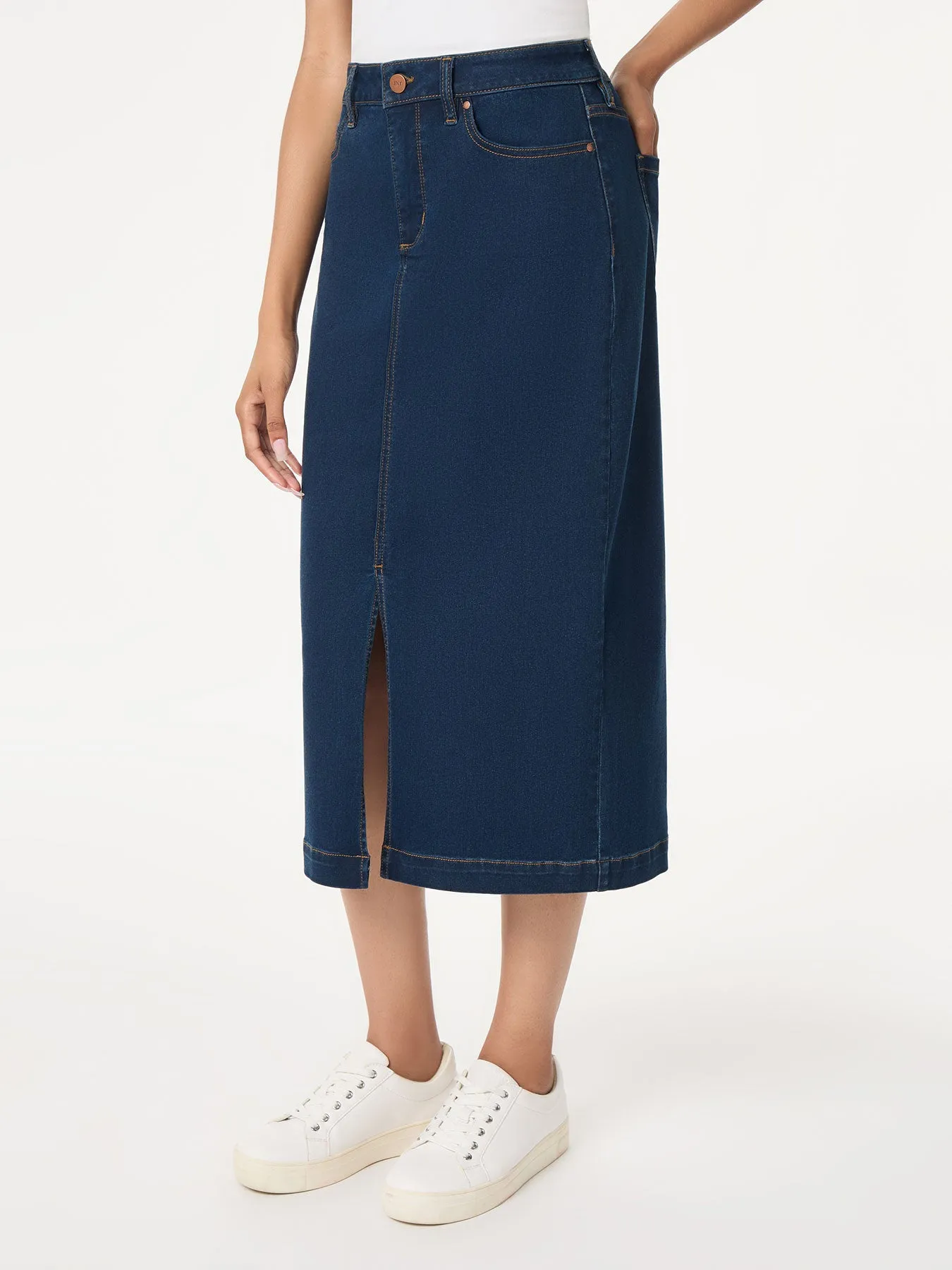 Midi Denim Front Slit Skirt, West Point Wash