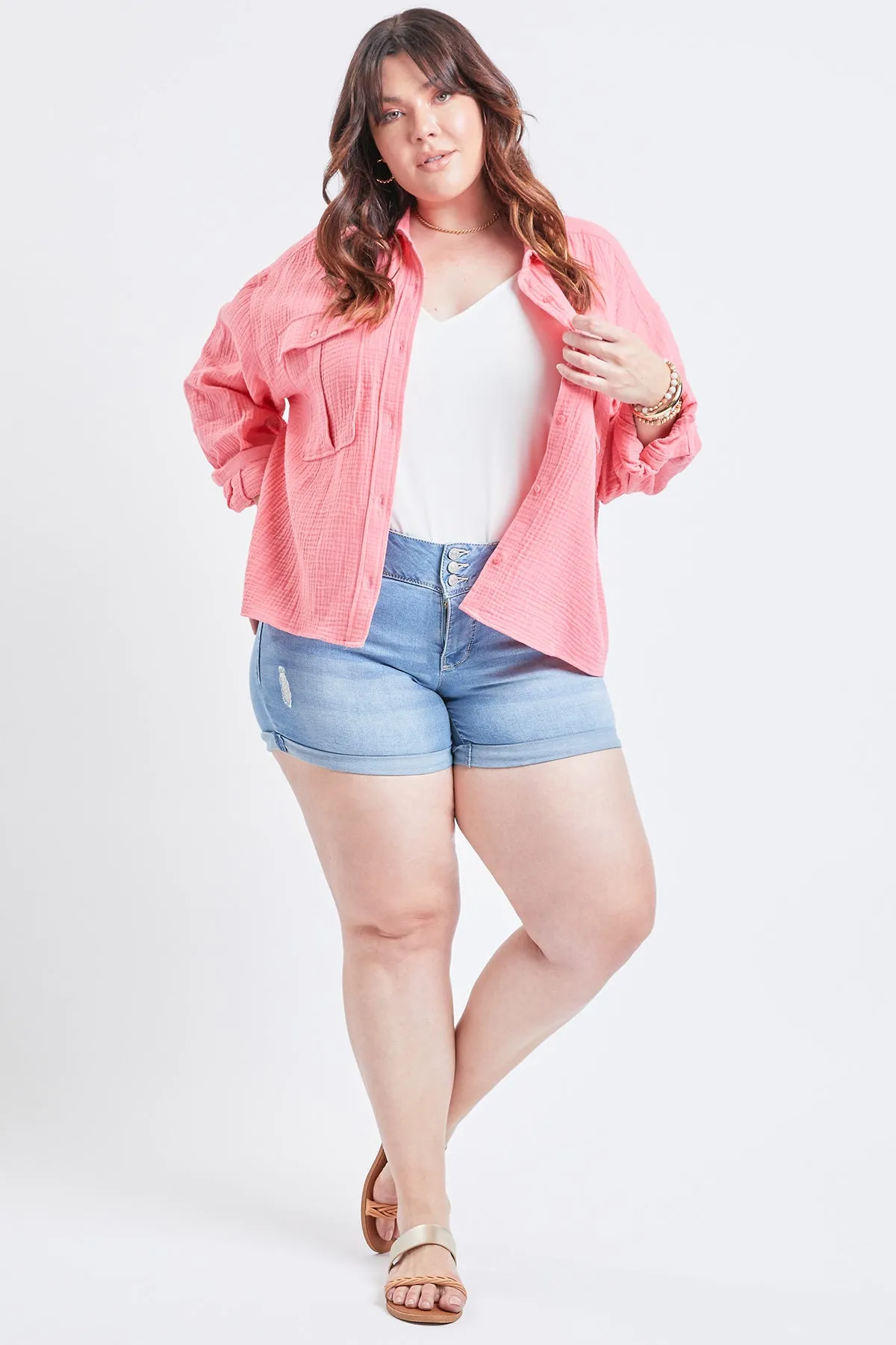 Missy Plus Size Wannabettabutt 3-Button Cuffed Shorts Made With Recycled Fibers 12 Pack