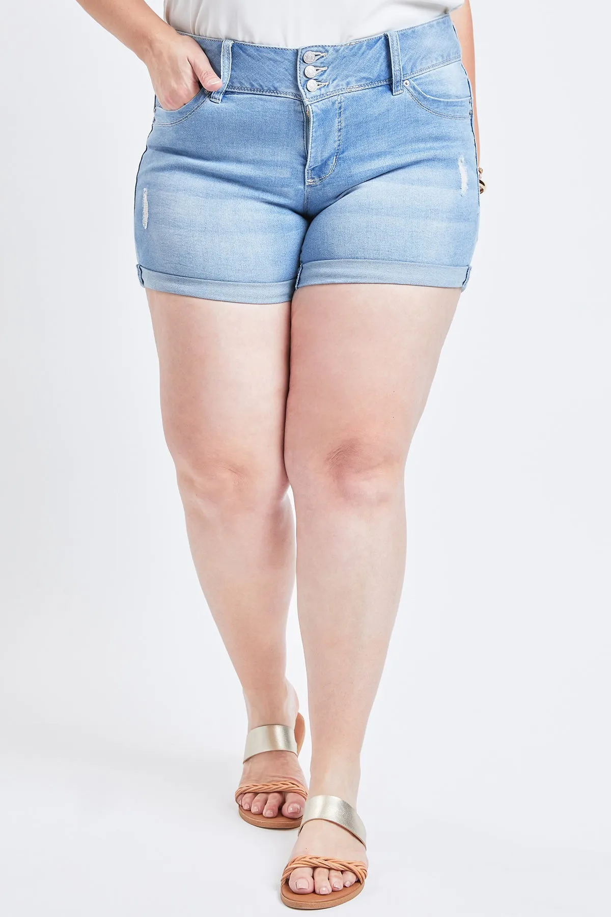 Missy Plus Size Wannabettabutt 3-Button Cuffed Shorts Made With Recycled Fibers 12 Pack