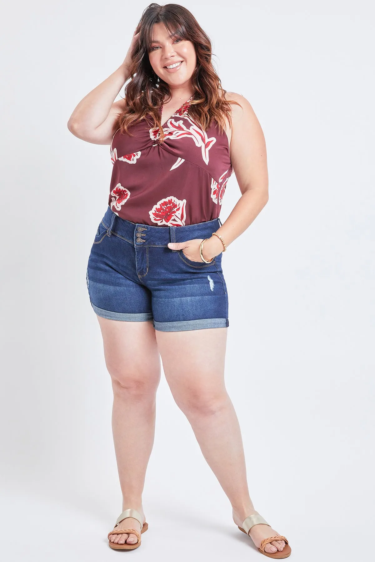 Missy Plus Size Wannabettabutt 3-Button Cuffed Shorts Made With Recycled Fibers 12 Pack