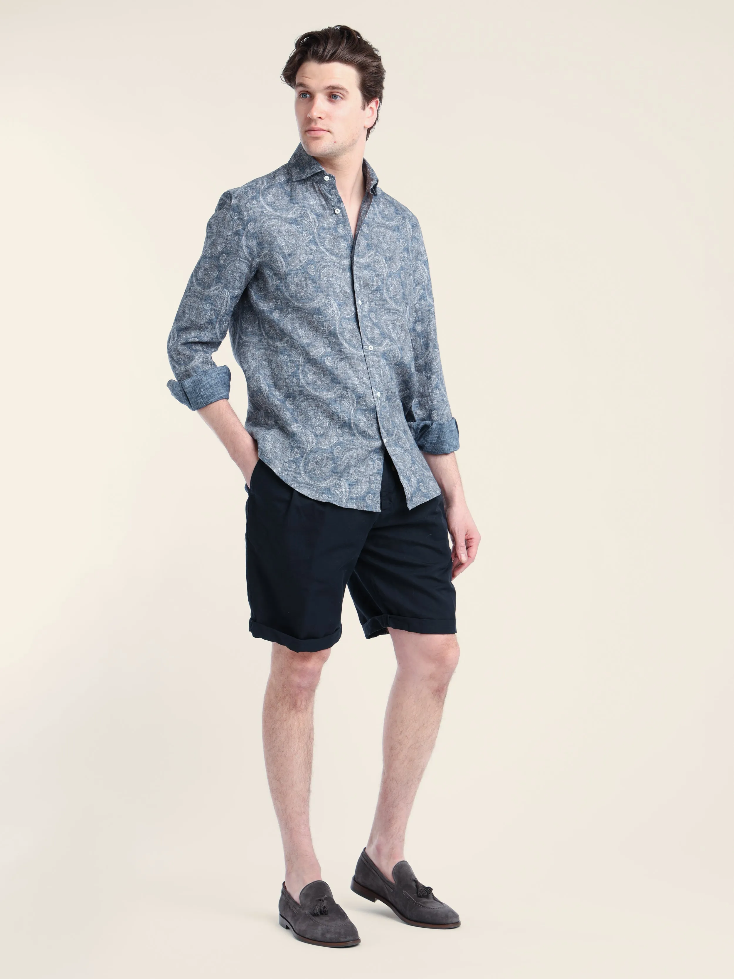 Navy Blue Garment-Dyed Linen-Cotton Bermuda Shorts