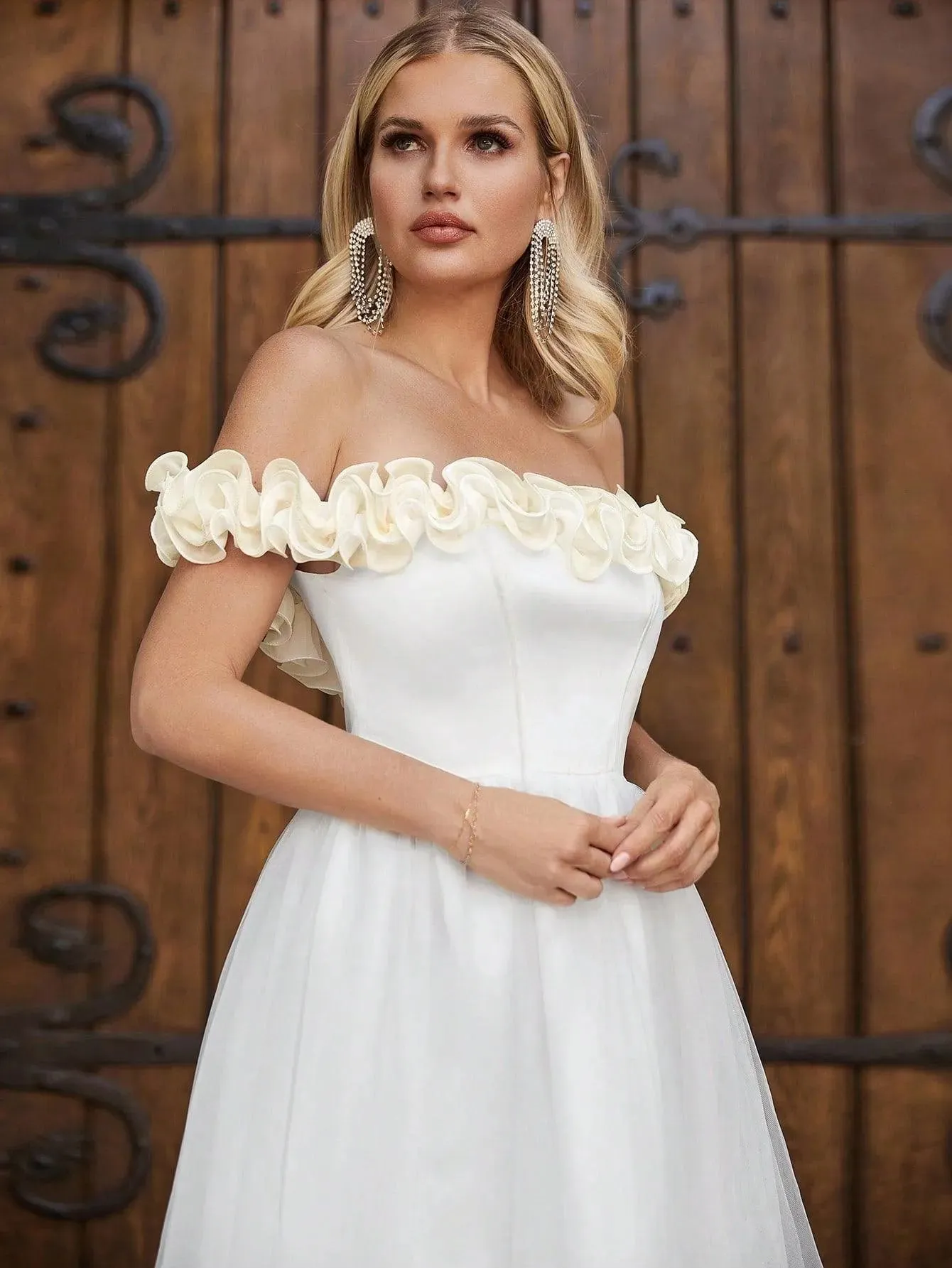 Off Shoulder Satin Bodice Contrast Organza Hem Wedding Dress