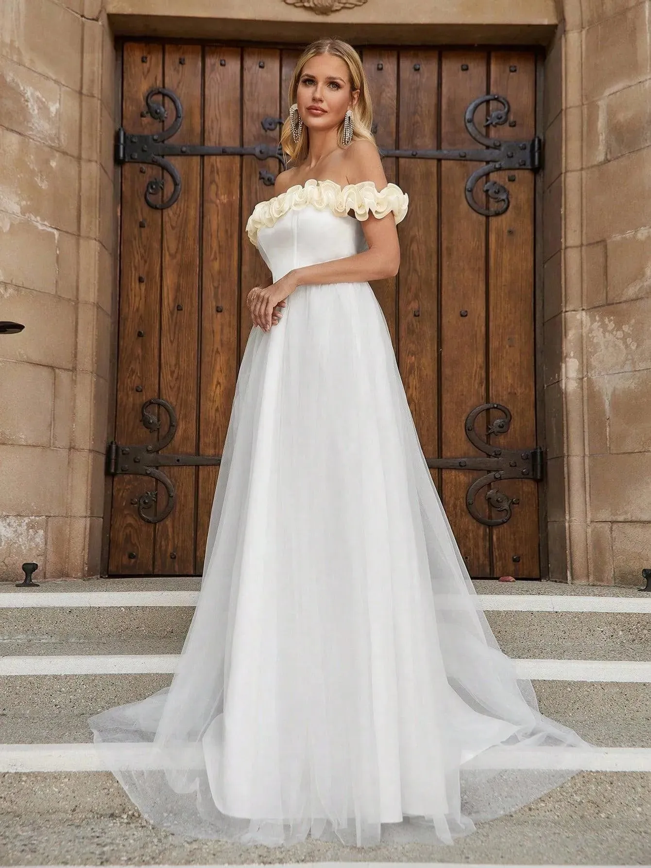 Off Shoulder Satin Bodice Contrast Organza Hem Wedding Dress