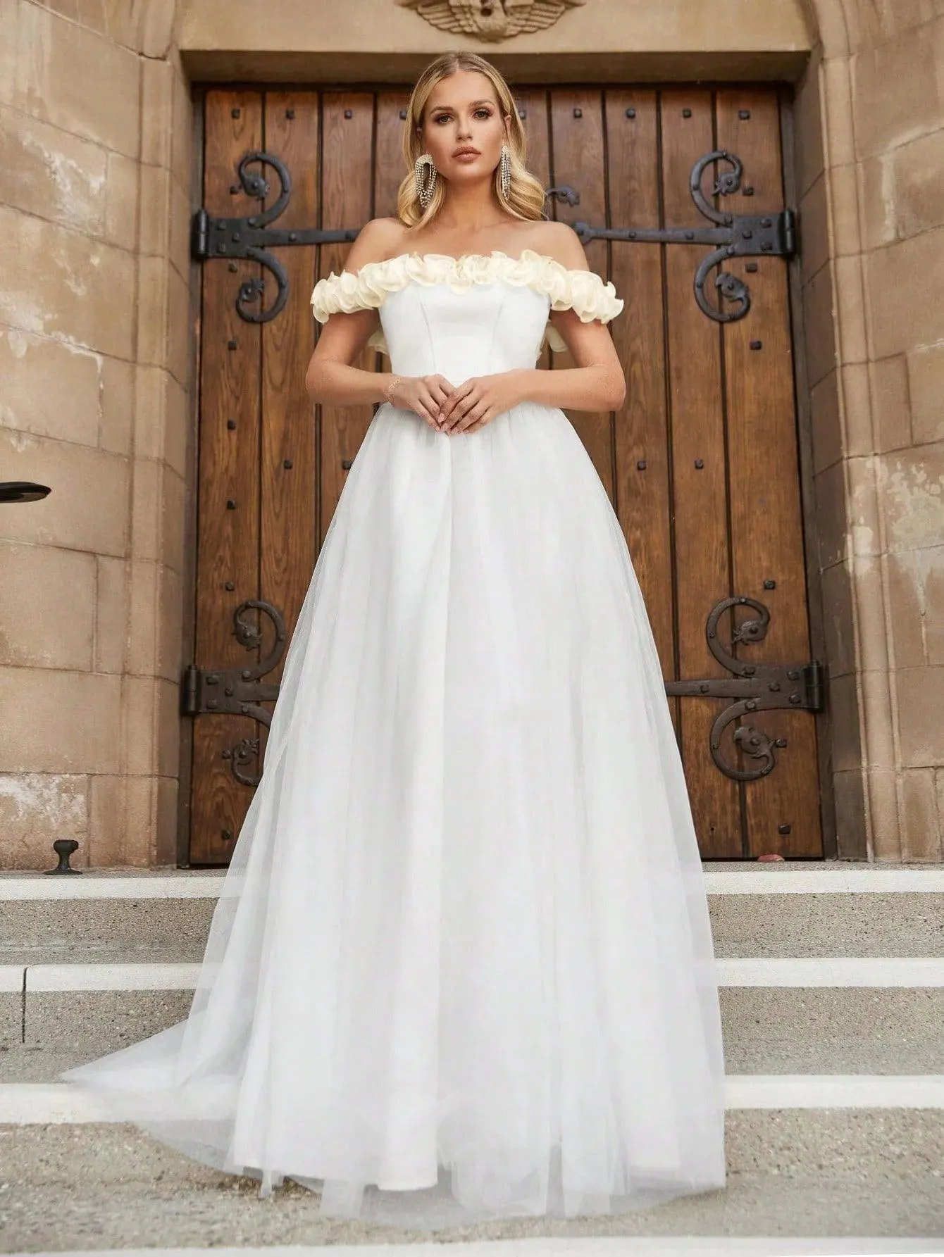 Off Shoulder Satin Bodice Contrast Organza Hem Wedding Dress