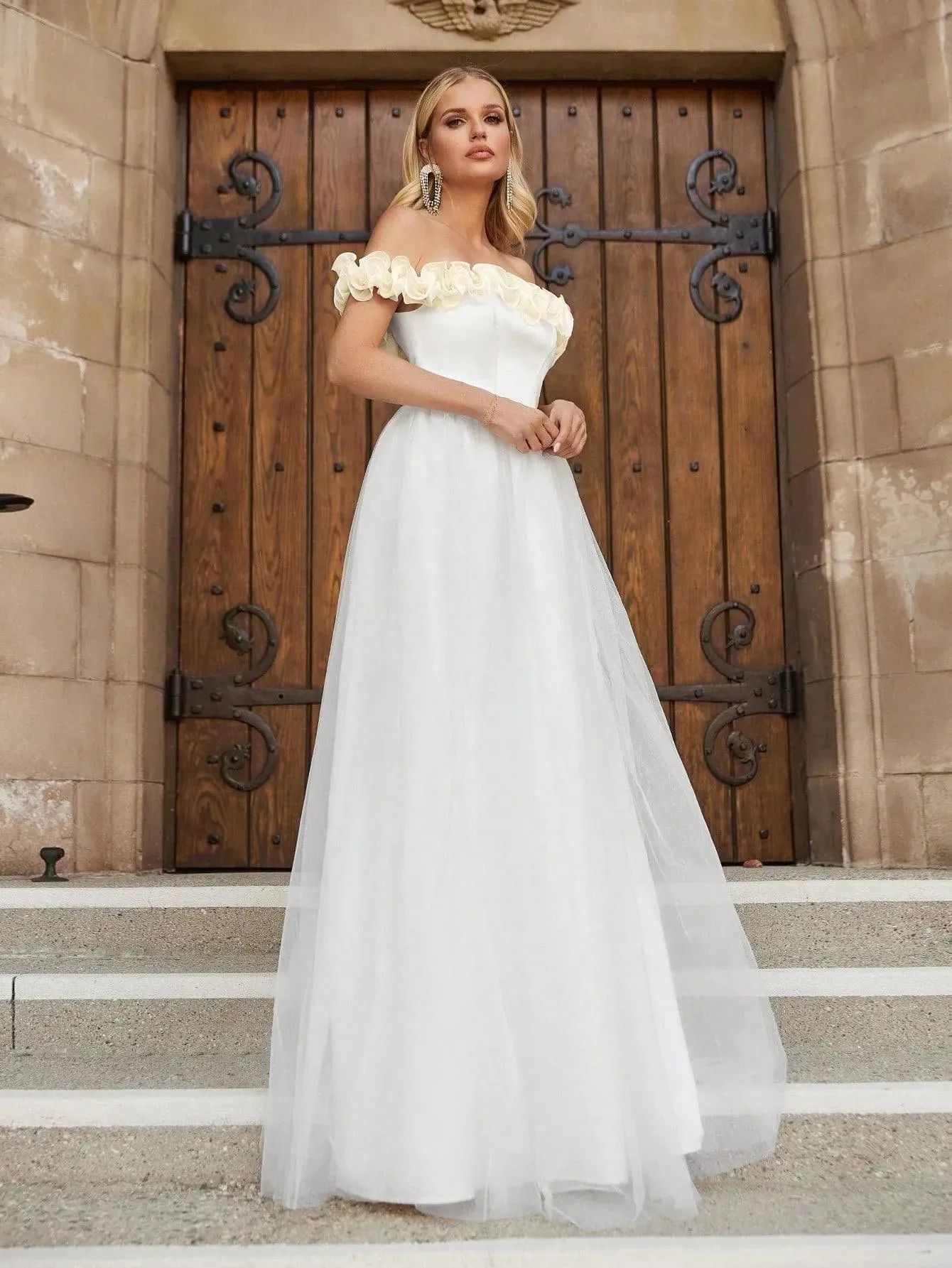 Off Shoulder Satin Bodice Contrast Organza Hem Wedding Dress