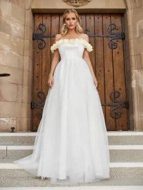 Off Shoulder Satin Bodice Contrast Organza Hem Wedding Dress