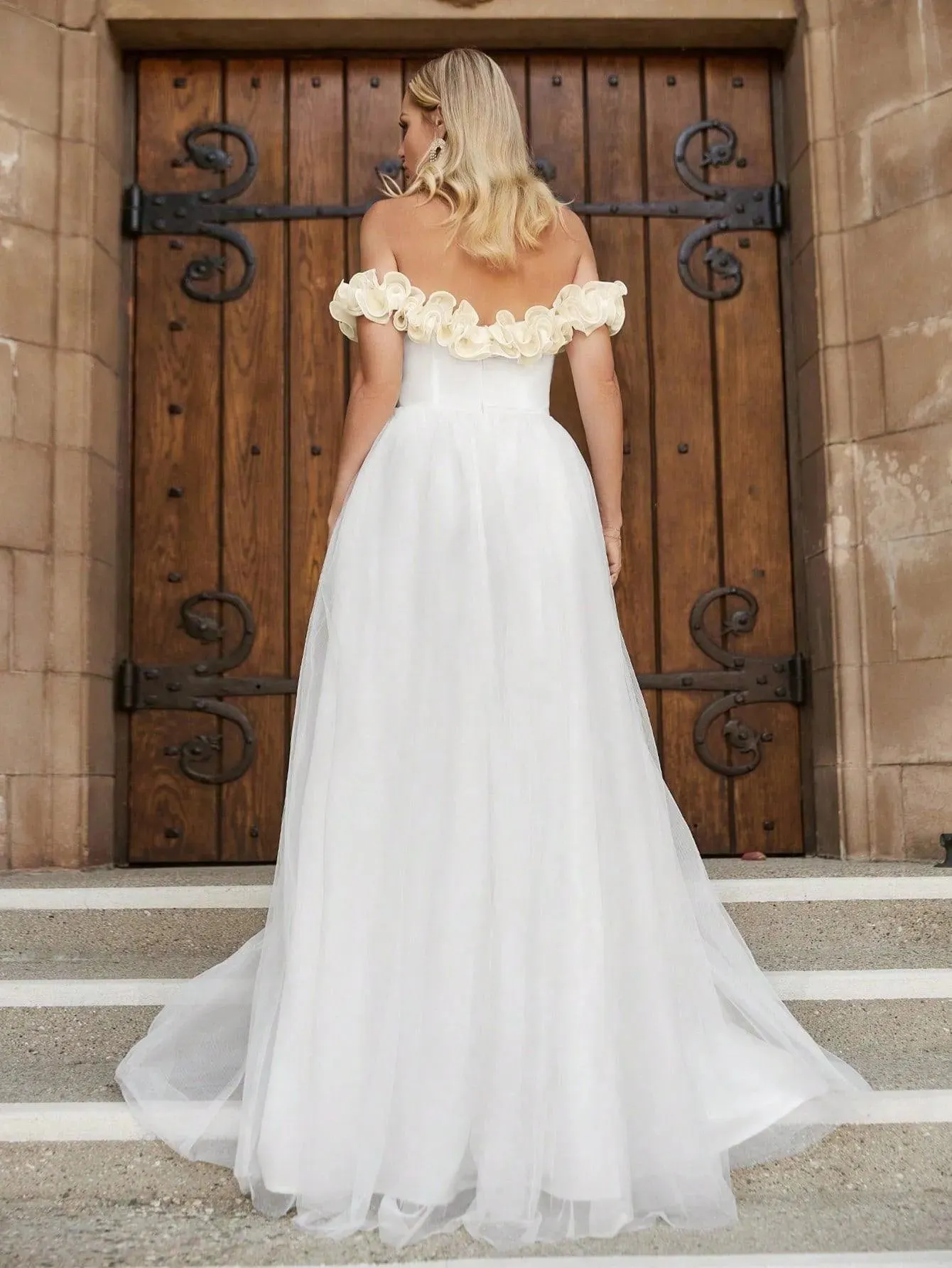 Off Shoulder Satin Bodice Contrast Organza Hem Wedding Dress