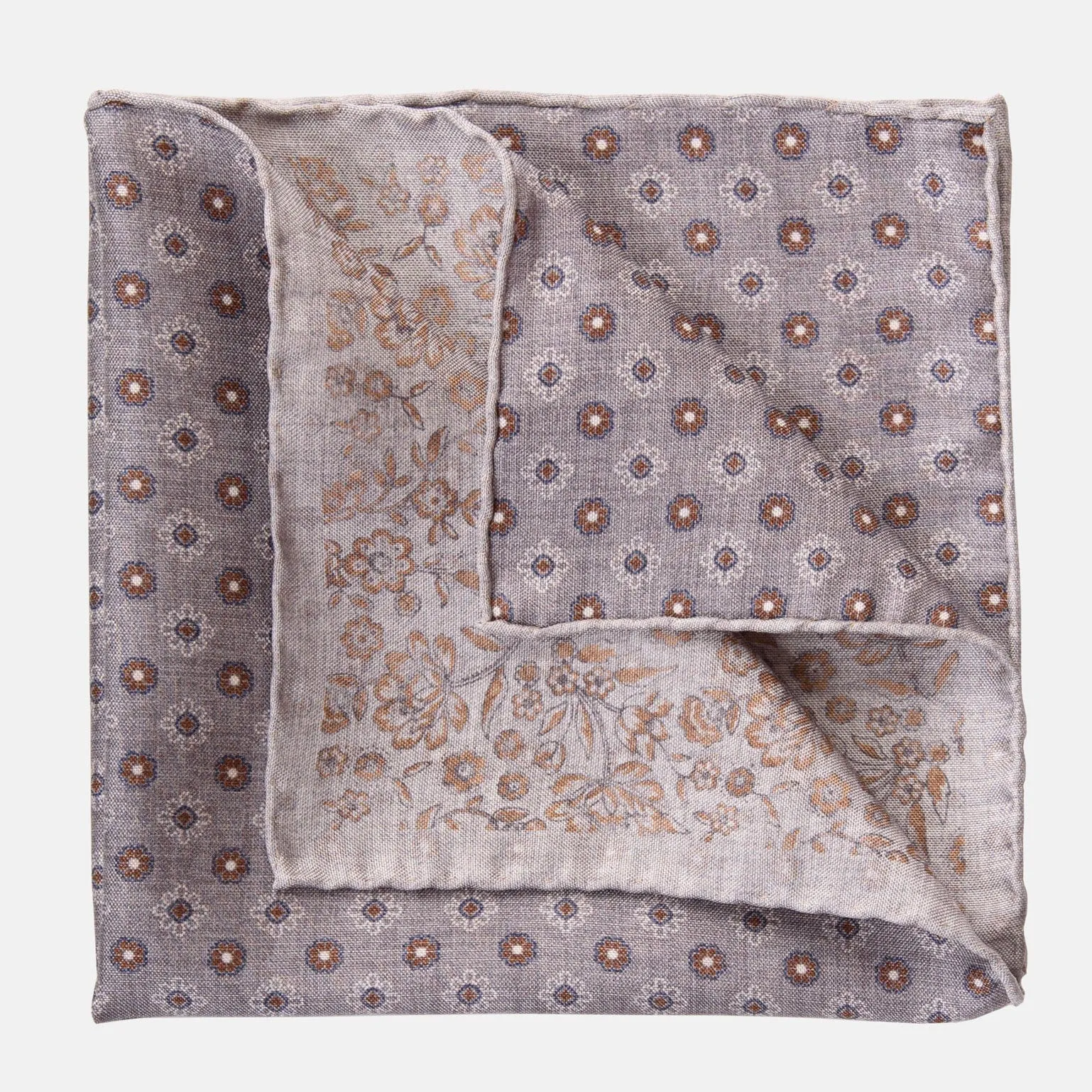 Pascal - Double Sided Silk Pocket Square - Grey & Bronze