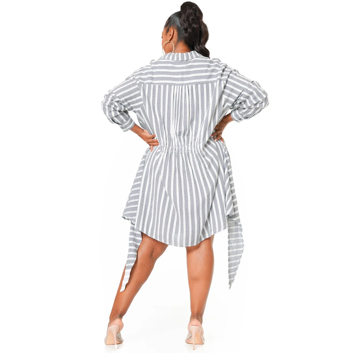 Plus Size Lace Trim Wrapped Shirt Dress in Ditsy Gingham