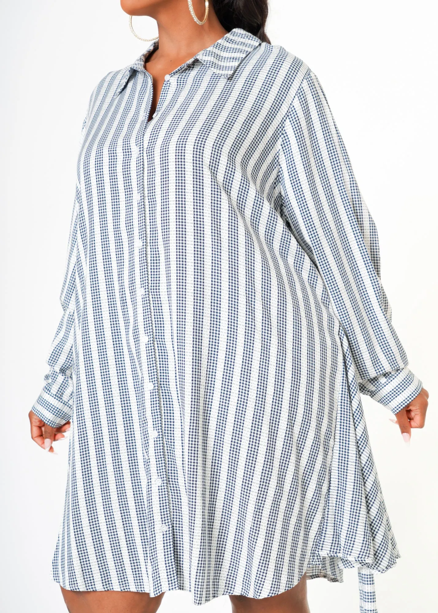 Plus Size Lace Trim Wrapped Shirt Dress in Ditsy Gingham