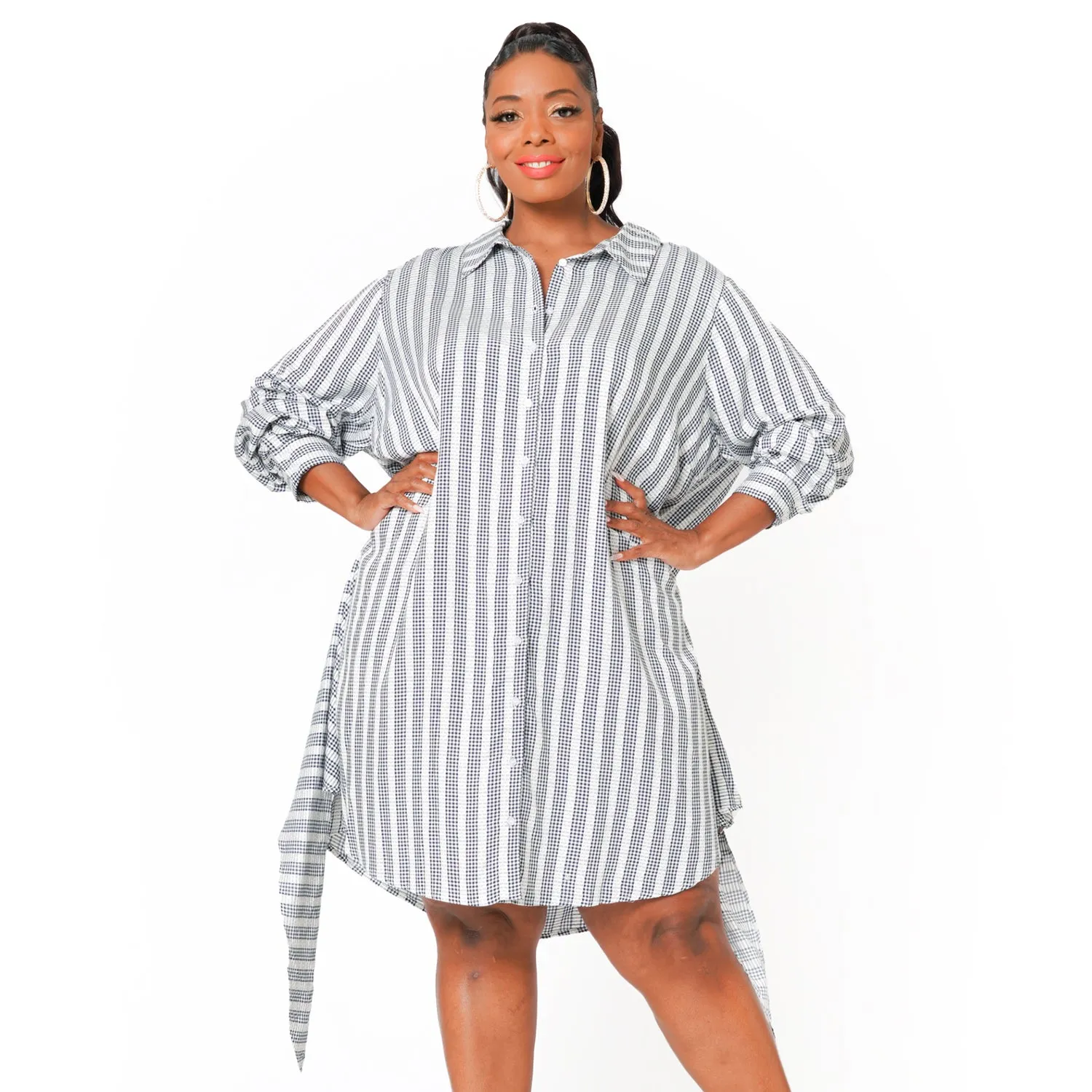 Plus Size Lace Trim Wrapped Shirt Dress in Ditsy Gingham