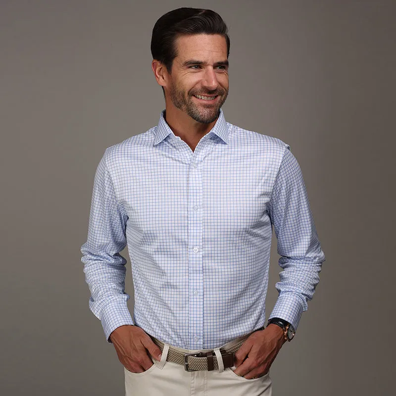 Quattro Flex Dress Shirt with Semi-Spread Collar Thin Blue Check