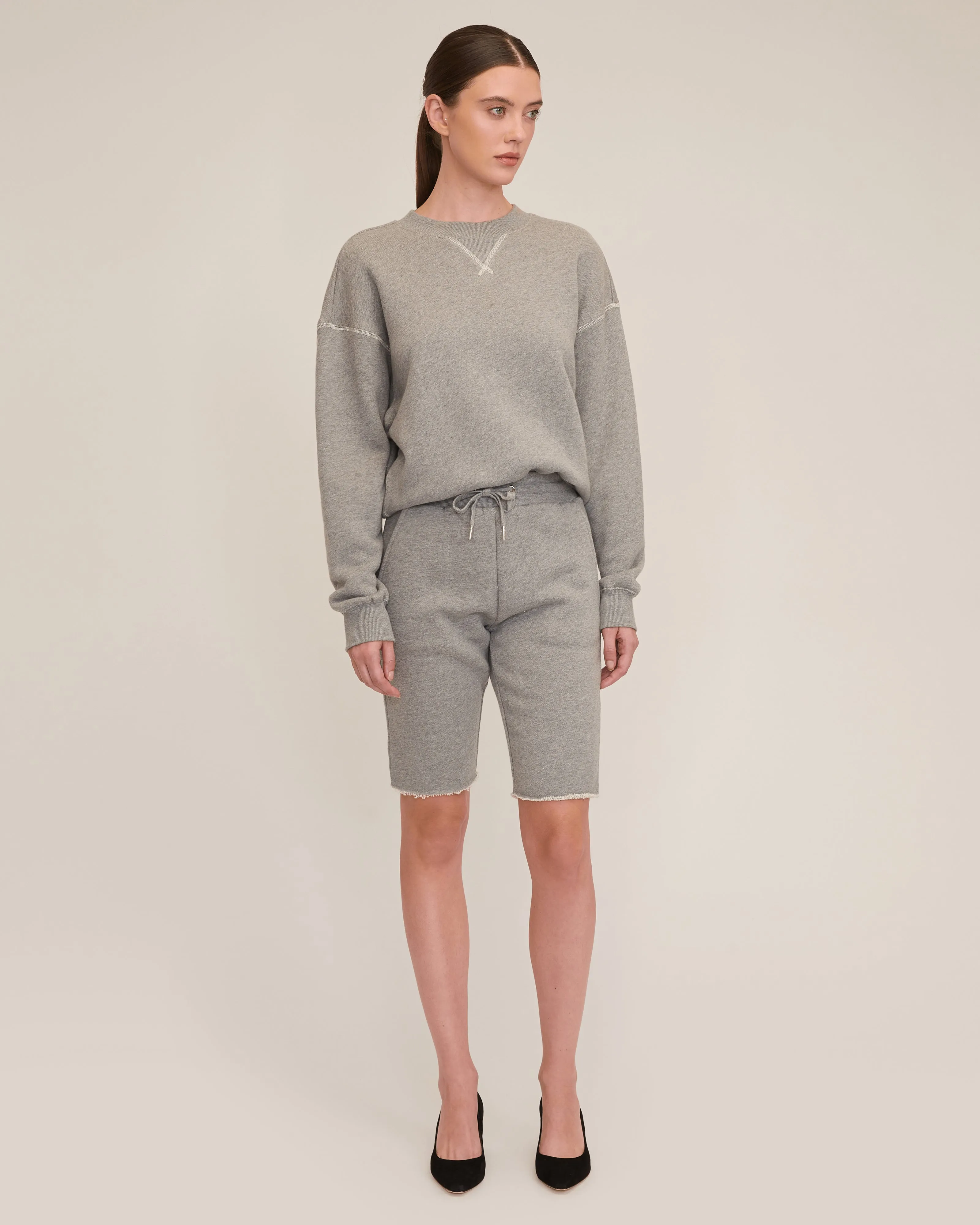 Romy Raw Edge French Terry Bermuda Short in Heather Grey