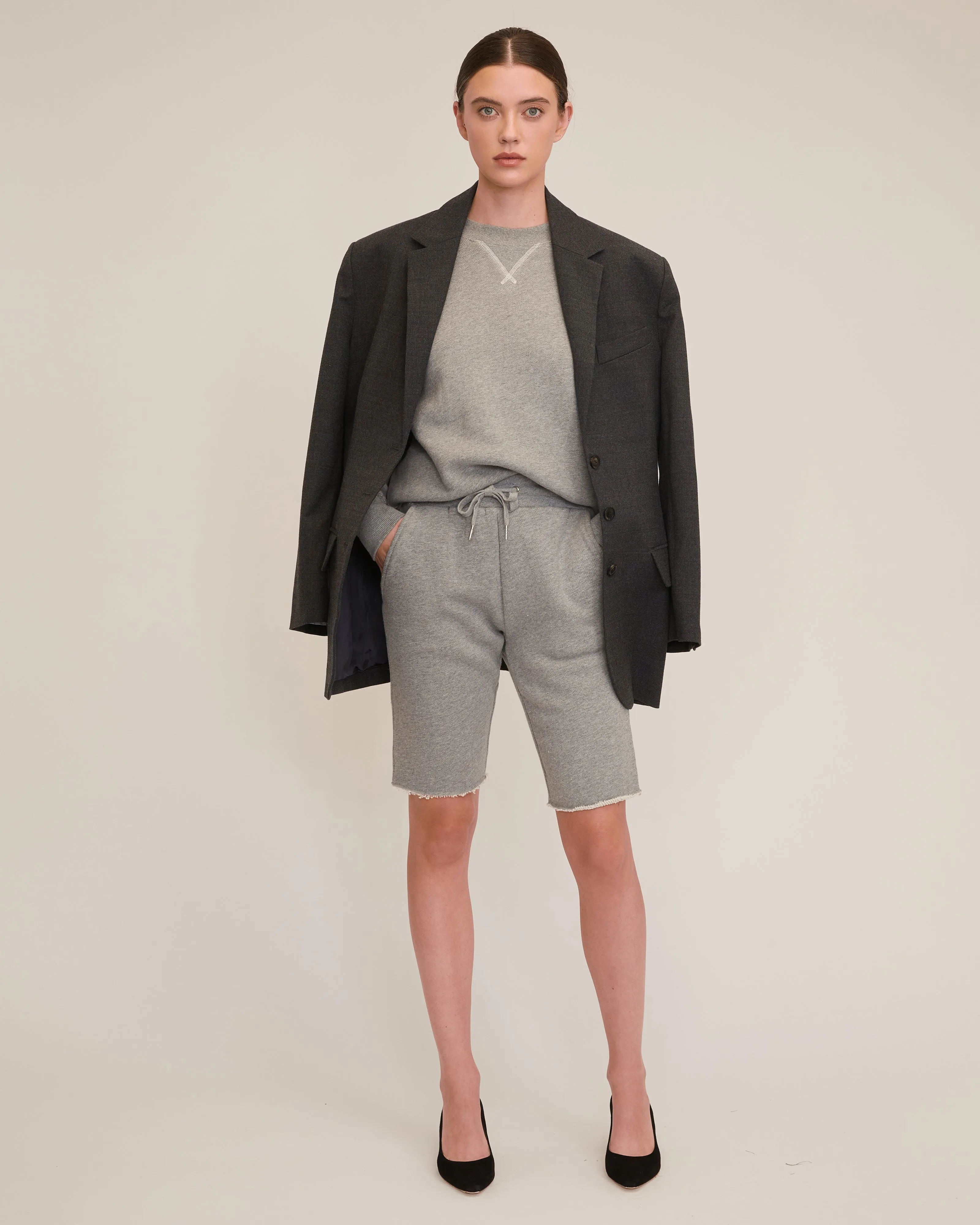 Romy Raw Edge French Terry Bermuda Short in Heather Grey