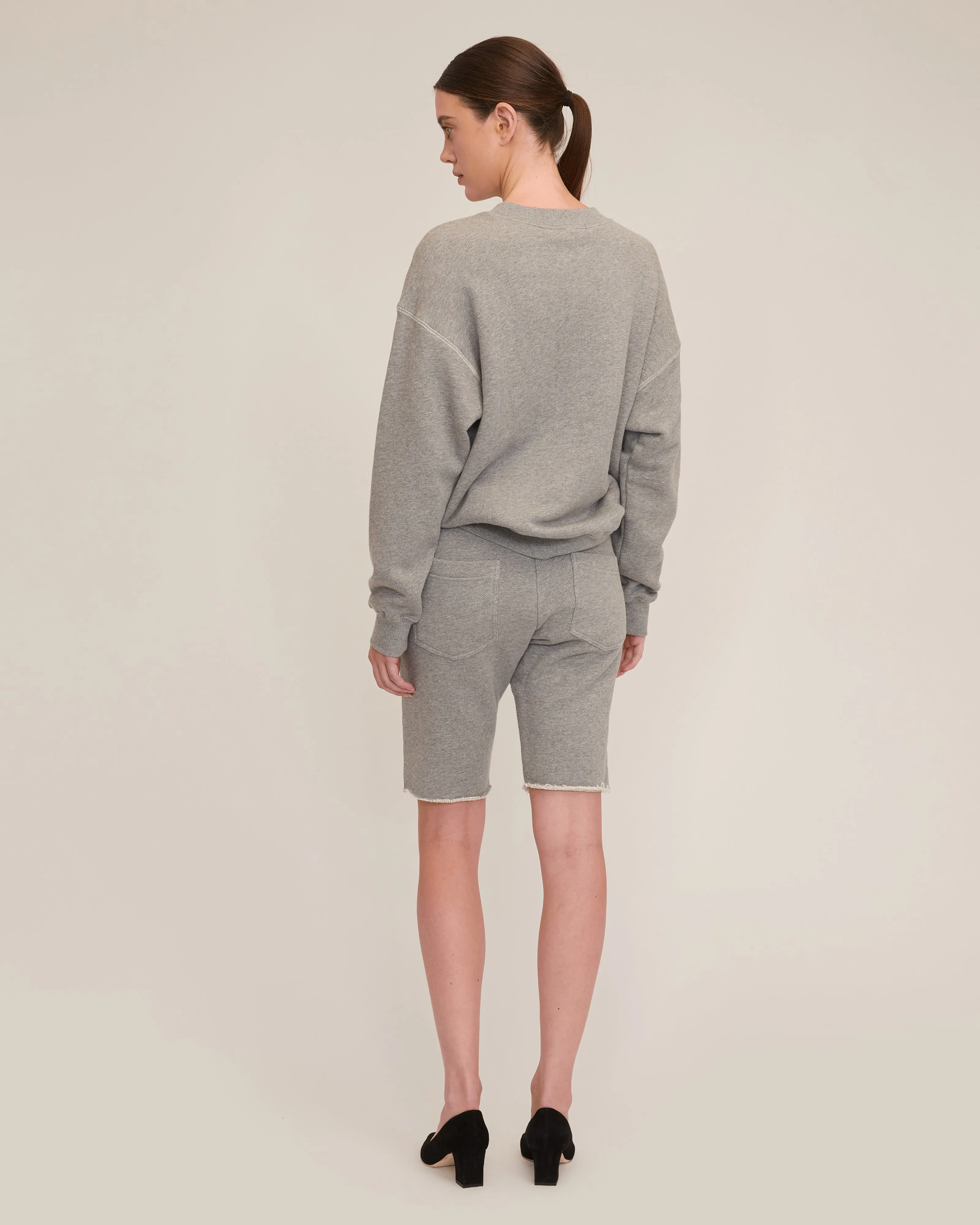 Romy Raw Edge French Terry Bermuda Short in Heather Grey