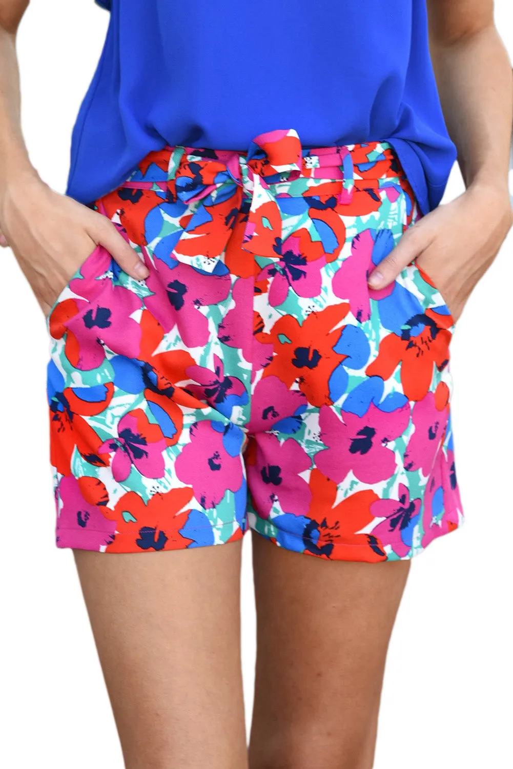 Rose Floral Print Belted Shorts