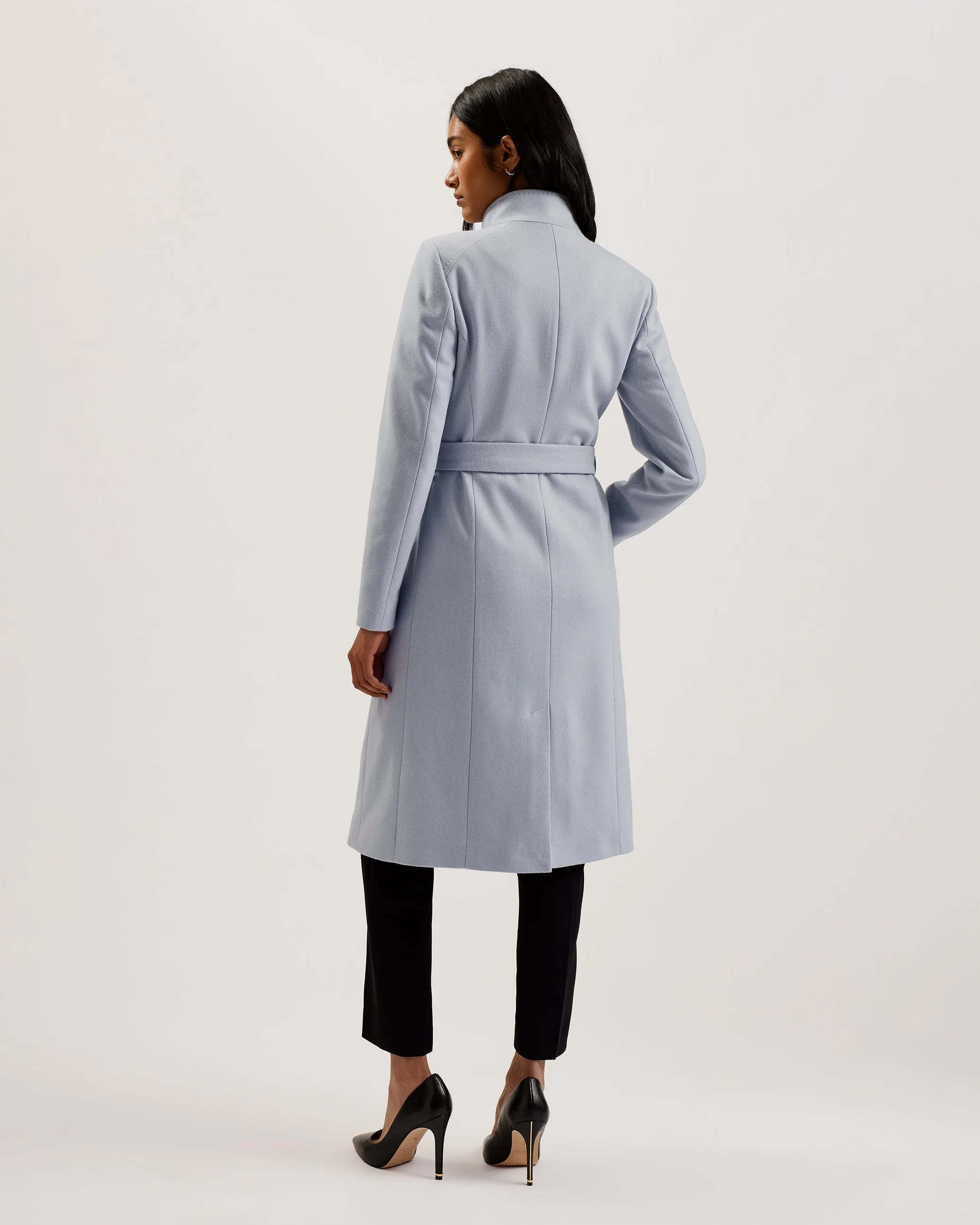 Rose Midi Length Belted Wool Wrap Coat White-Grey