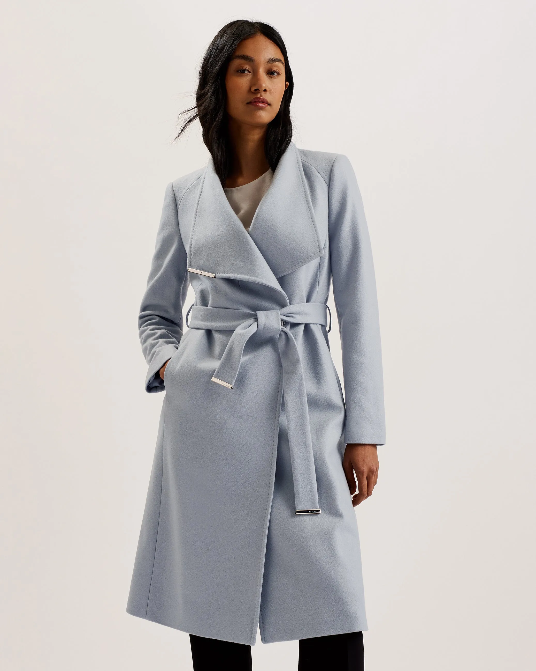 Rose Midi Length Belted Wool Wrap Coat White-Grey