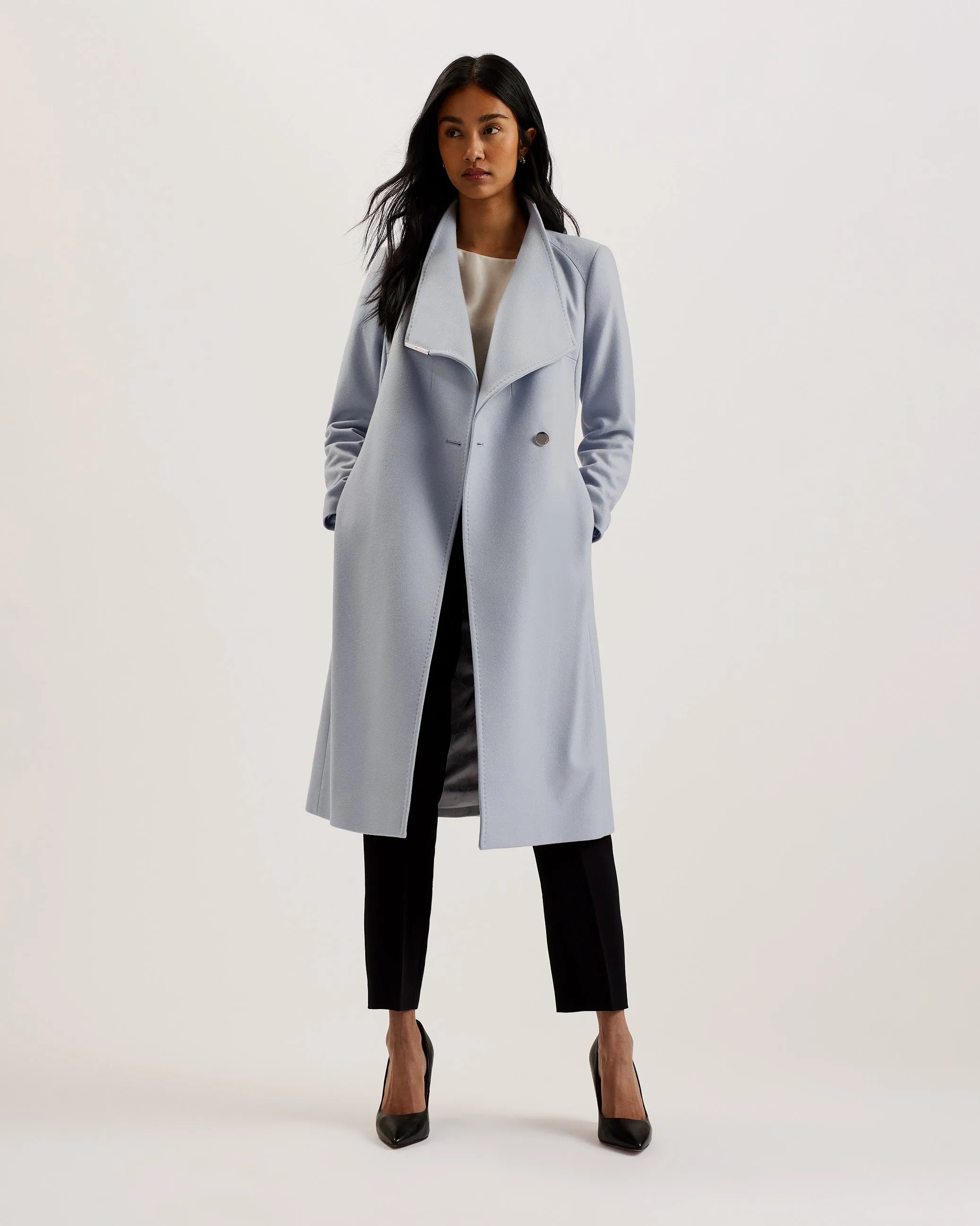 Rose Midi Length Belted Wool Wrap Coat White-Grey