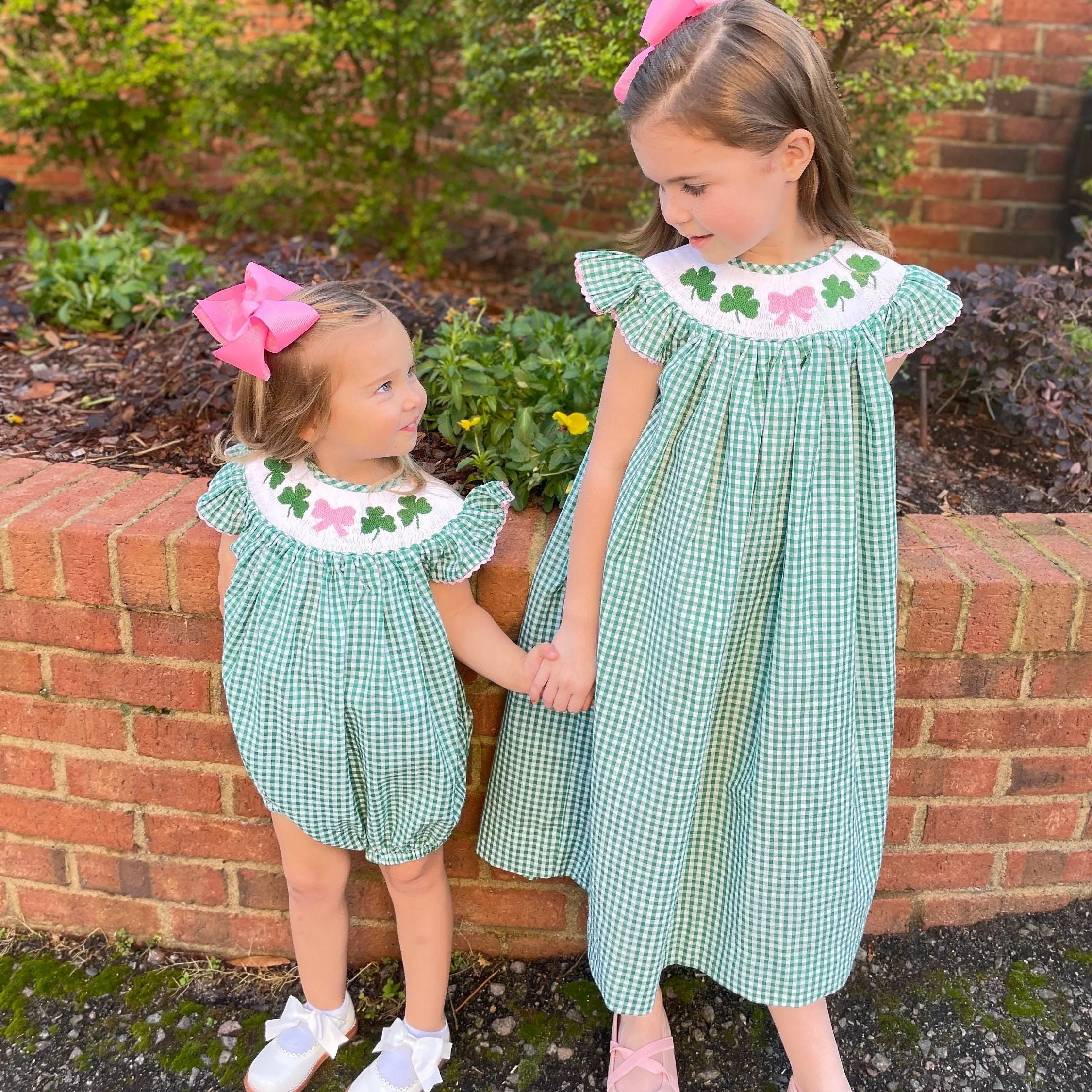 Shamrock Smocked Romper in Gingham - St. Patrick's Day