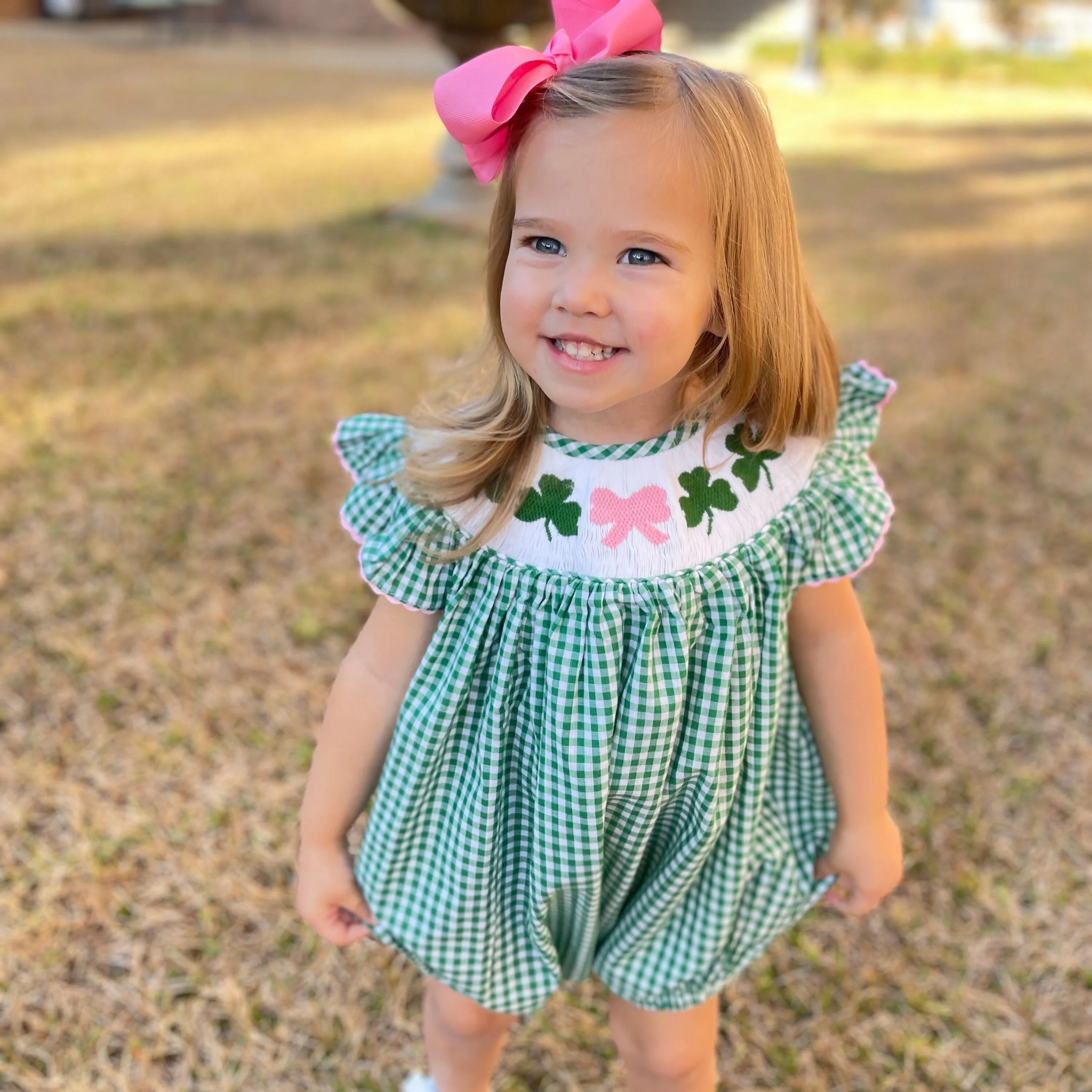 Shamrock Smocked Romper in Gingham - St. Patrick's Day