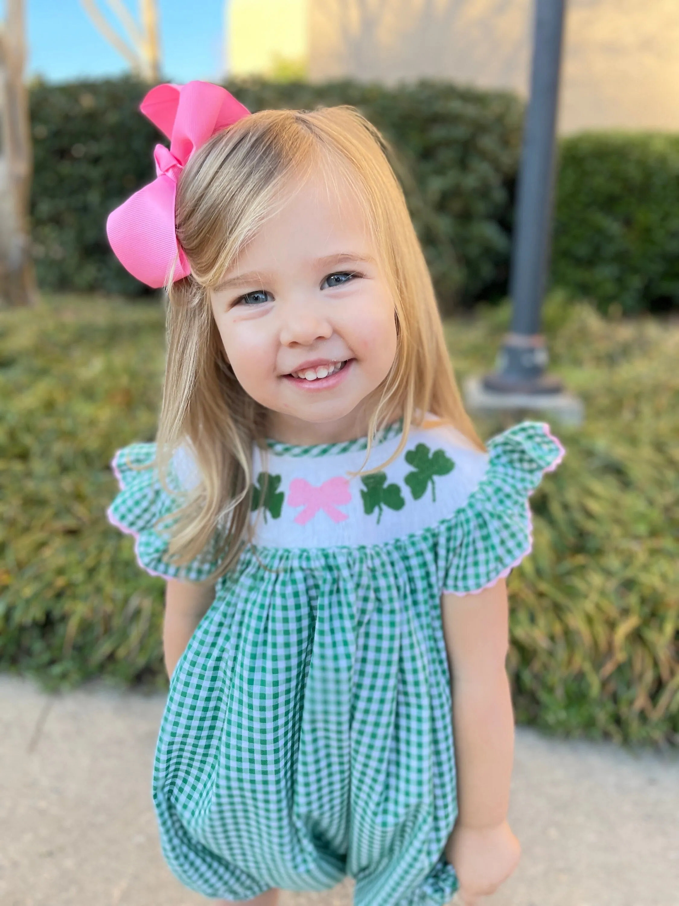 Shamrock Smocked Romper in Gingham - St. Patrick's Day