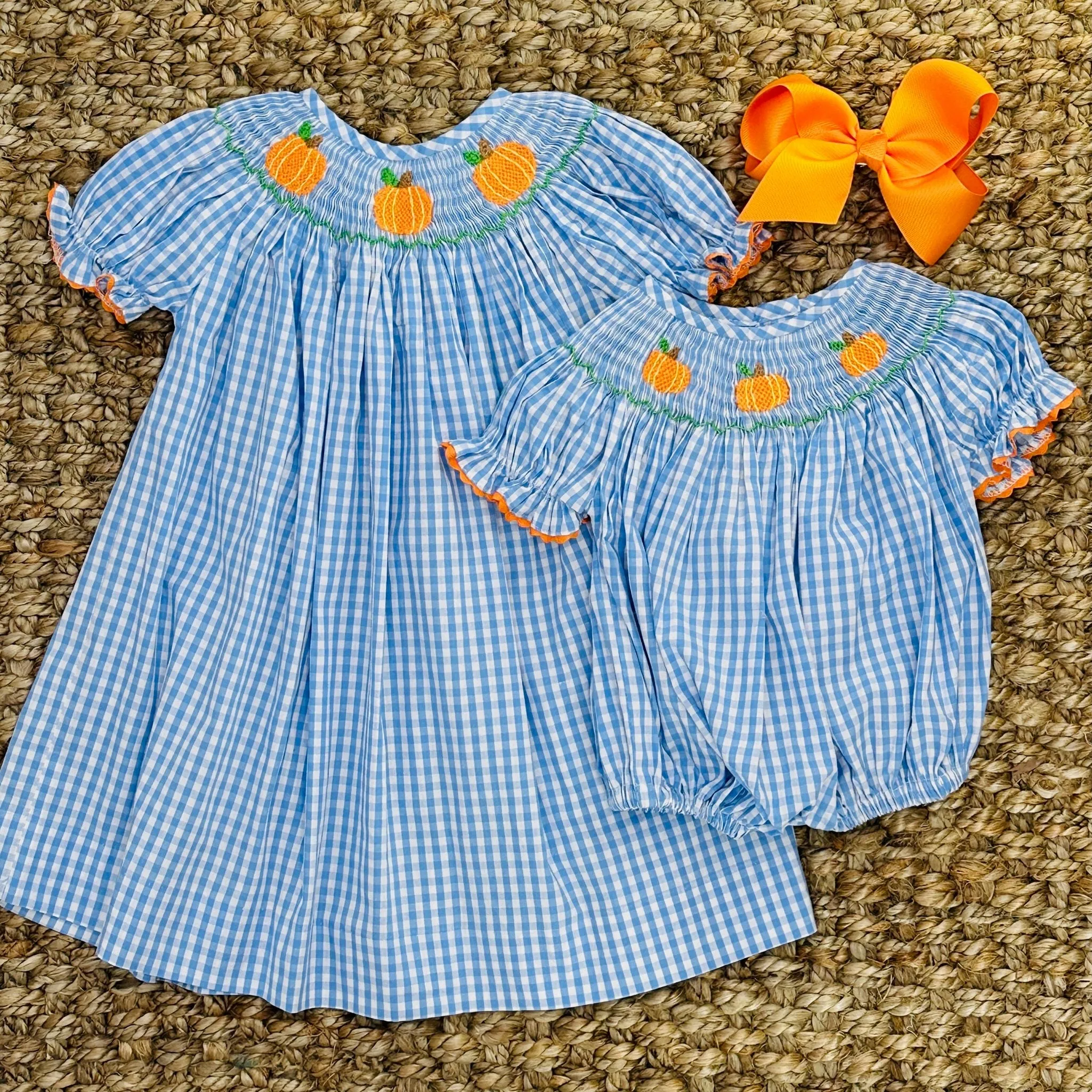 Smocked Pumpkin Romper in Gingham