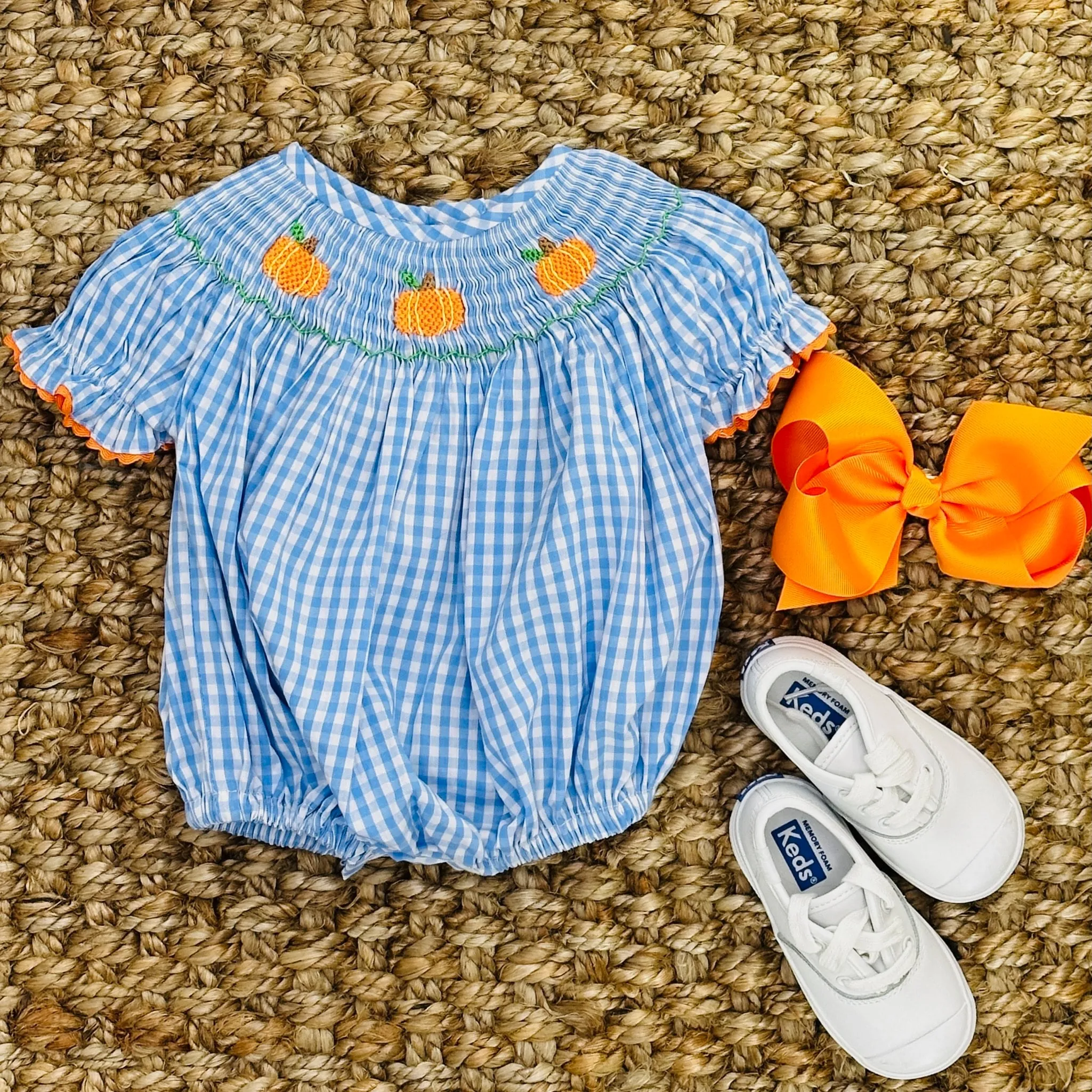 Smocked Pumpkin Romper in Gingham