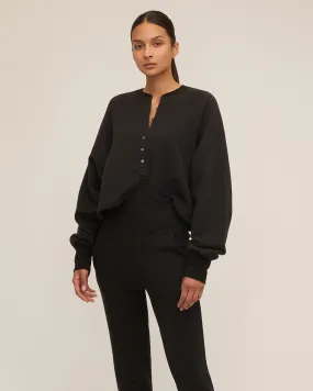 So Uptight French Terry Plunge Henley Sweatshirt in Black