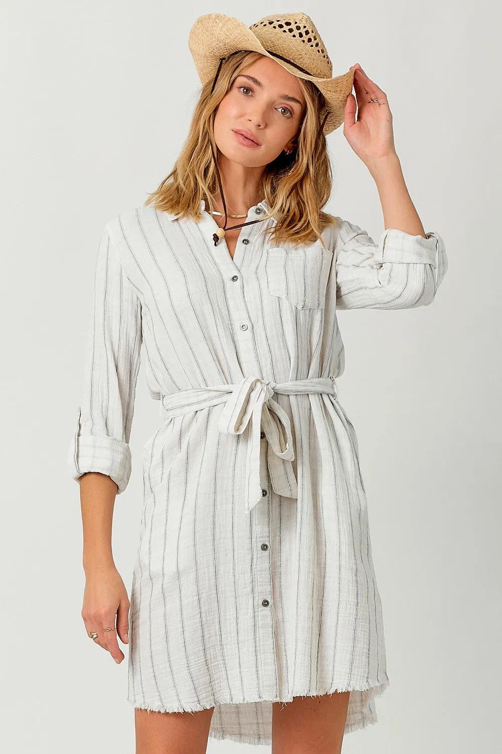 Striped Button Down Tie Waist Dress