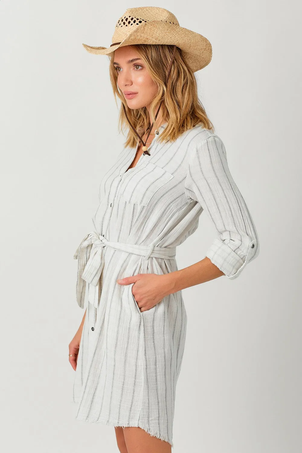 Striped Button Down Tie Waist Dress