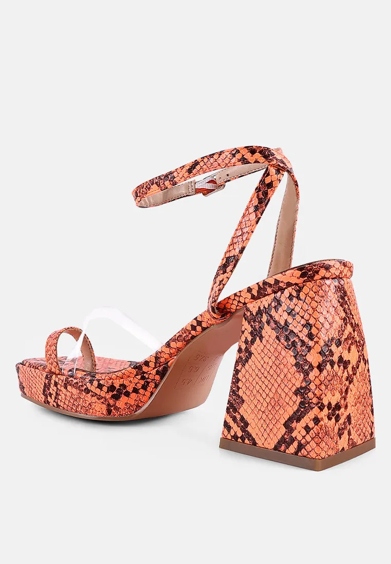 Such Flirt Snake Print Triangular Block Heel Sandals By Ruw