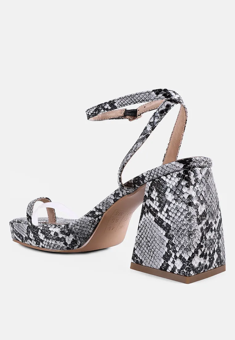 Such Flirt Snake Print Triangular Block Heel Sandals By Ruw