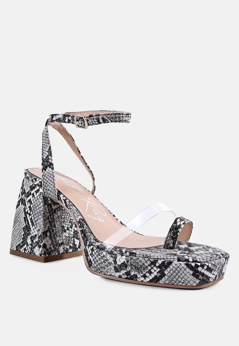 Such Flirt Snake Print Triangular Block Heel Sandals By Ruw