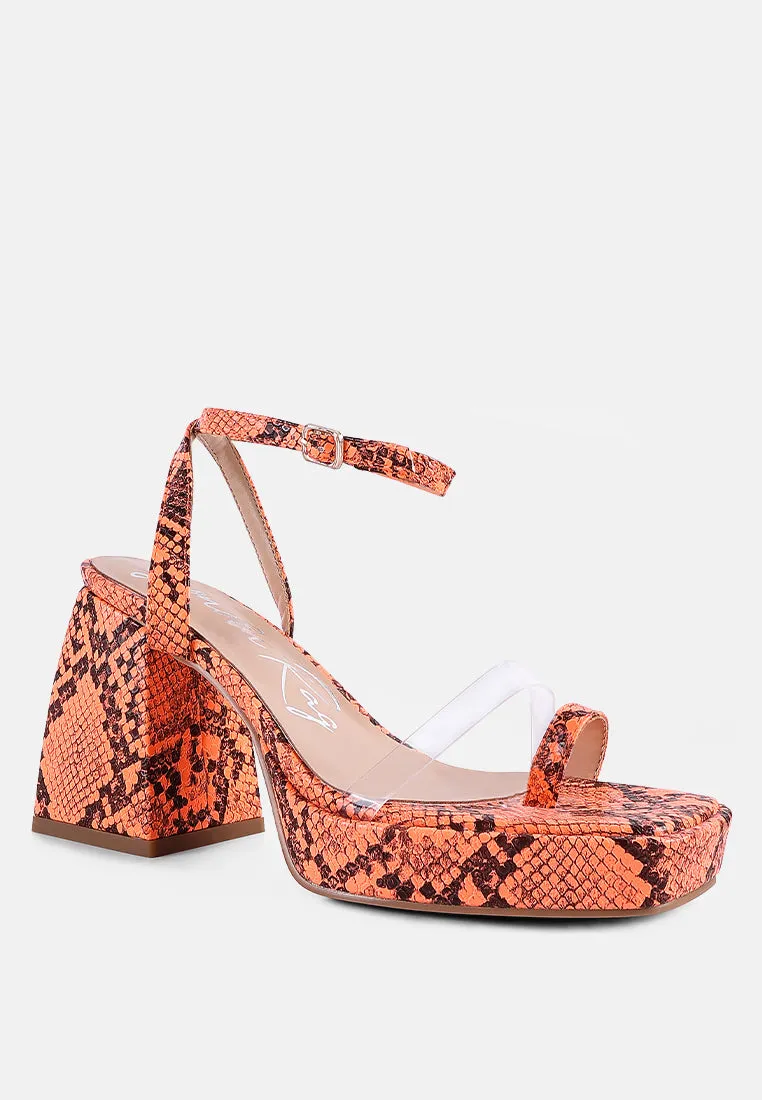 Such Flirt Snake Print Triangular Block Heel Sandals By Ruw