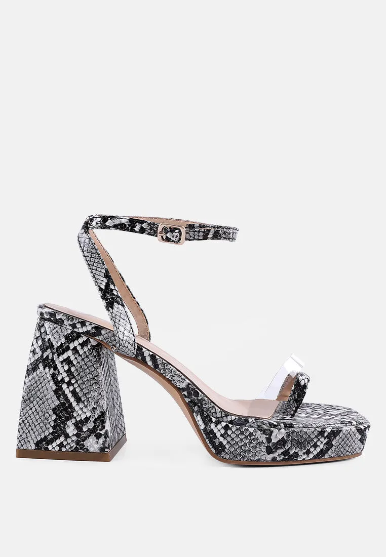 Such Flirt Snake Print Triangular Block Heel Sandals By Ruw