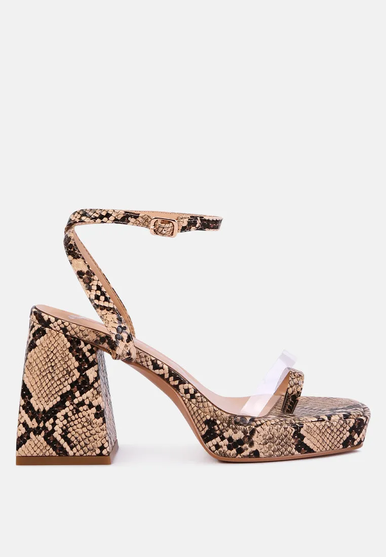 Such Flirt Snake Print Triangular Block Heel Sandals By Ruw