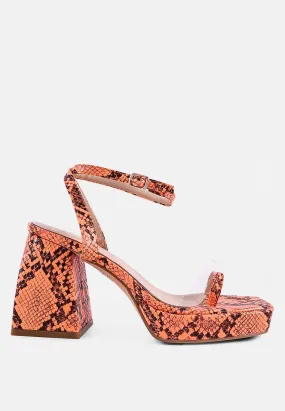 Such Flirt Snake Print Triangular Block Heel Sandals By Ruw